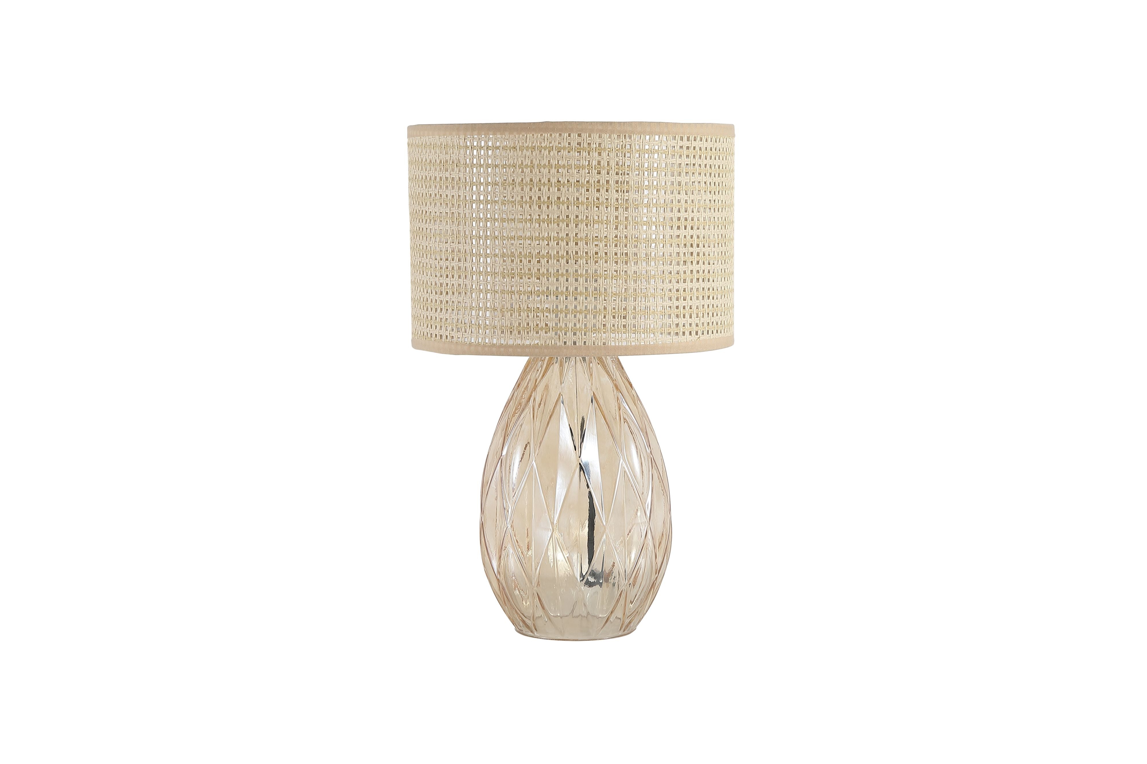 Searchlight Diane table lamp, front view showing the diamond facet pattern on the champagne glass base beneath the rattan shade