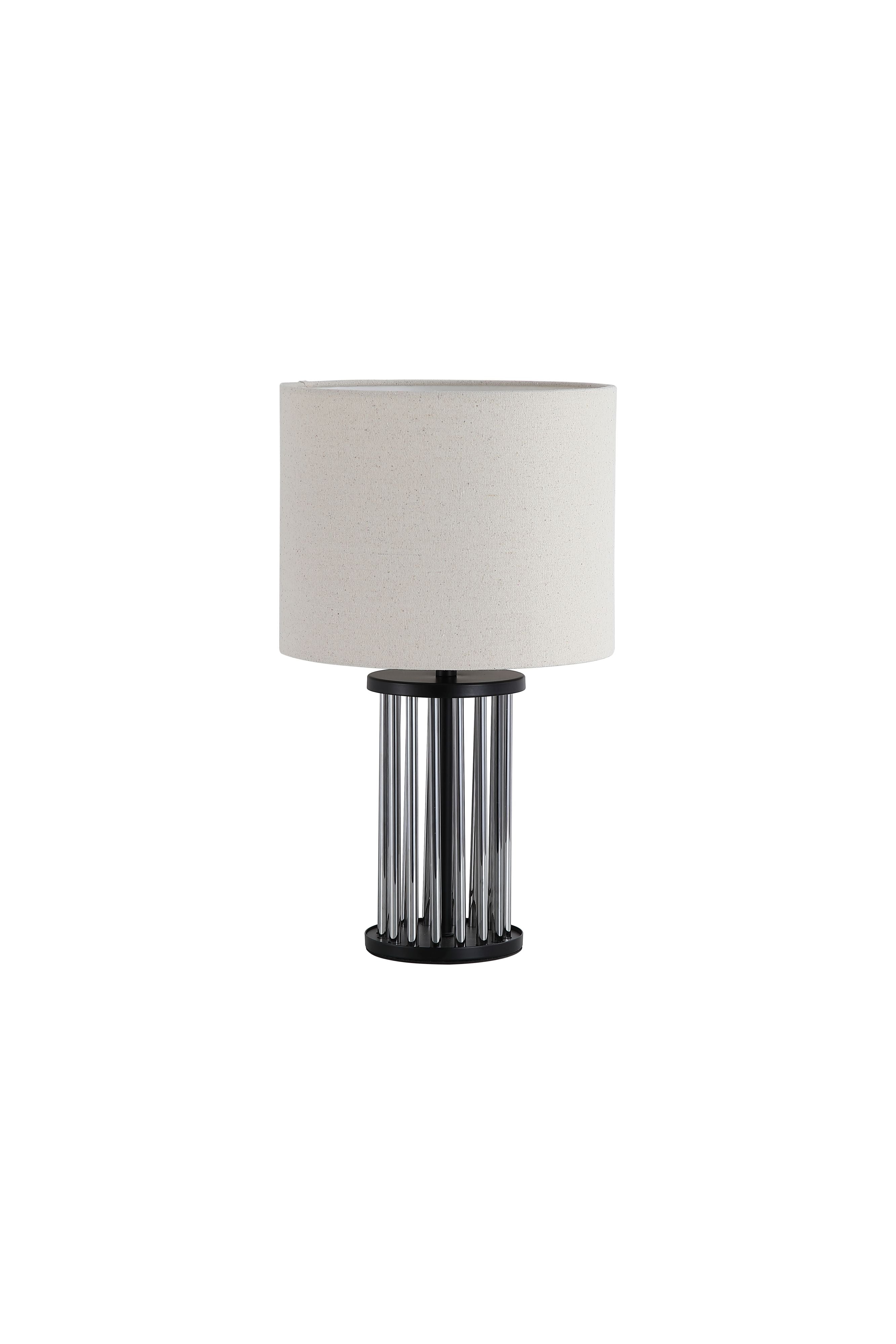 Searchlight Swizzle table lamp in matt black with a white linen shade, front on studio shot showing the smoked glass rod base