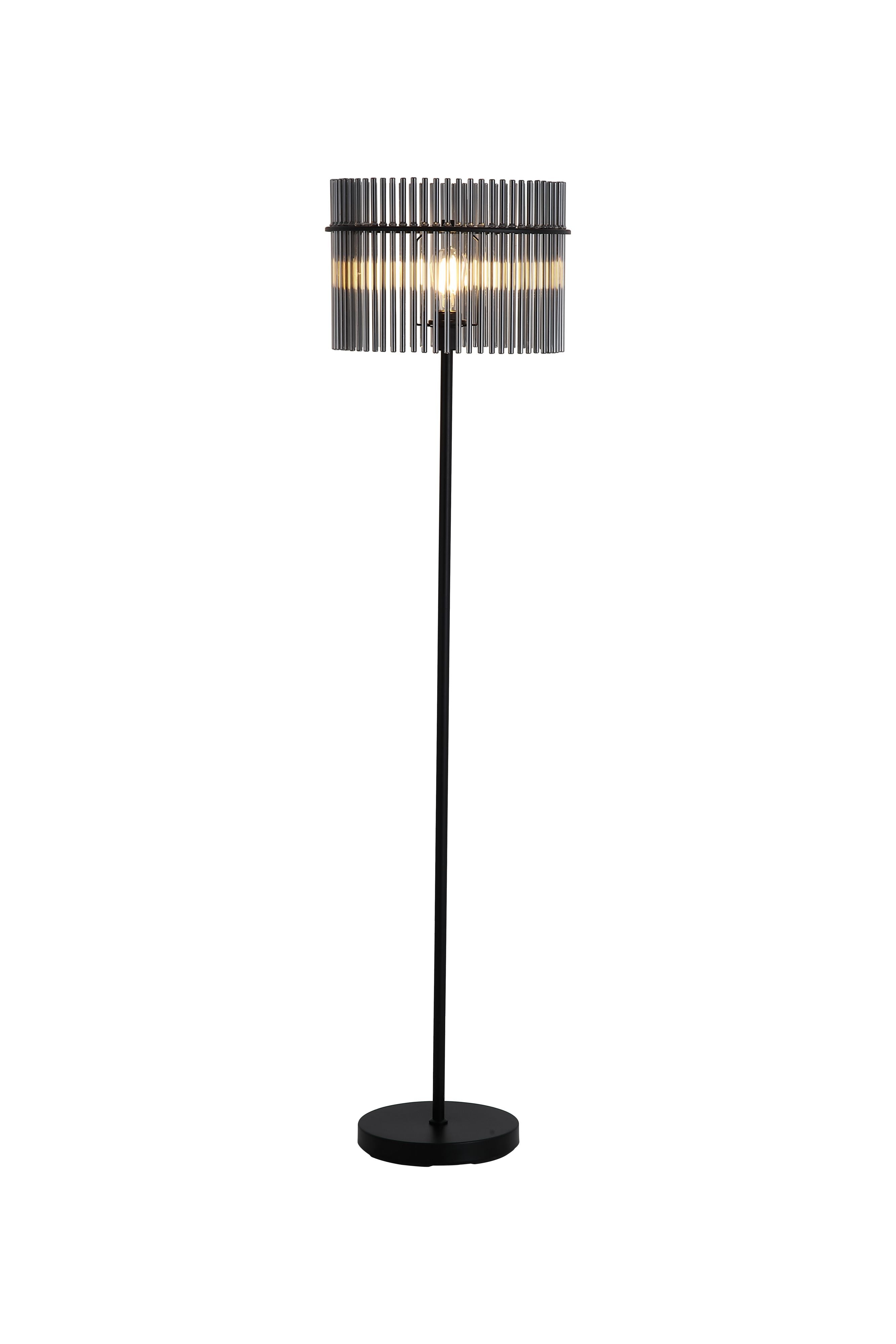 Searchlight Swizzle floor lamp in matt black with smoked glass rod shade, full length studio shot on a white background, lit