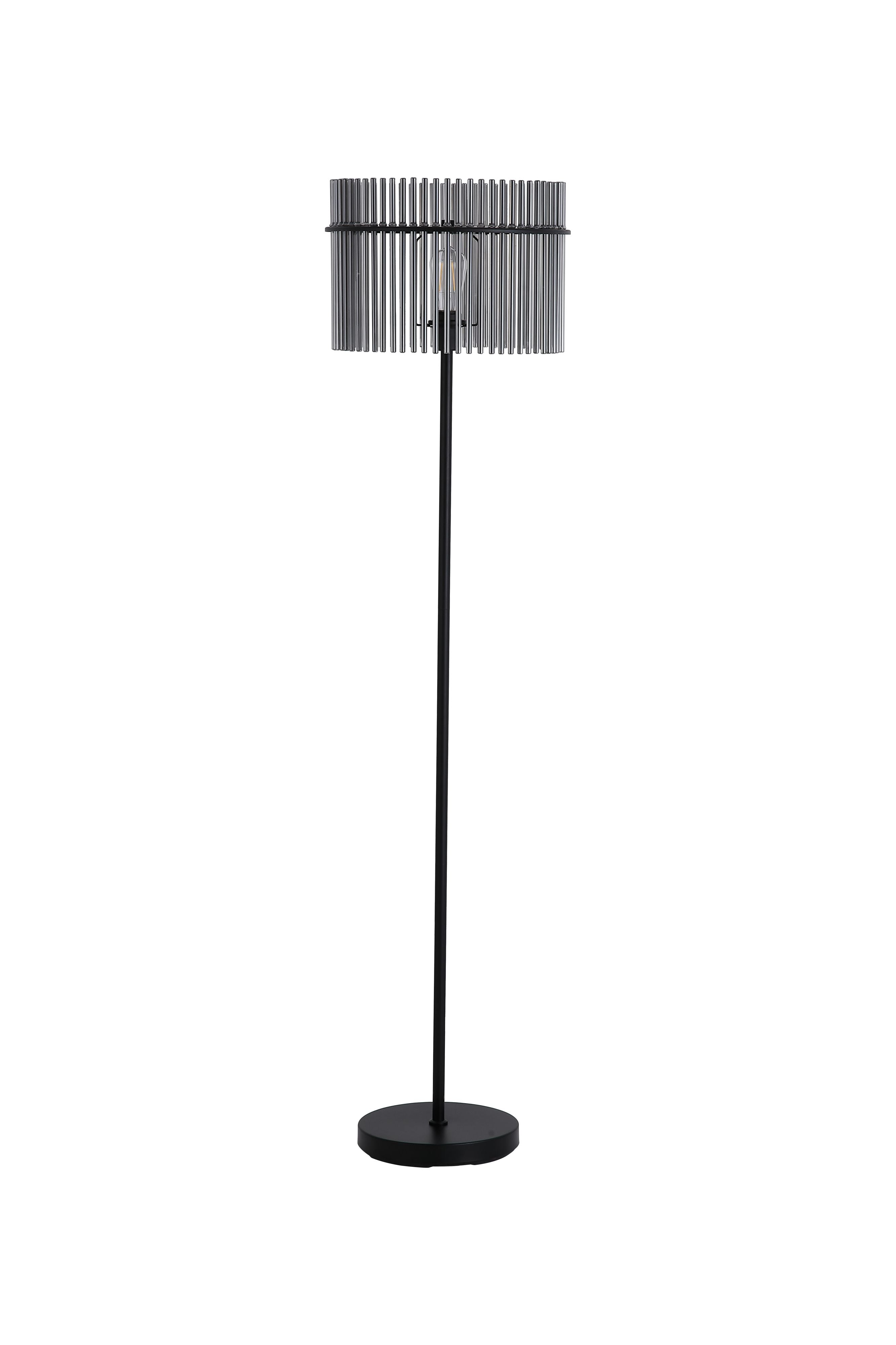 Searchlight Swizzle floor lamp in matt black with smoked glass rod shade, front on studio shot showing the tall stem and round base