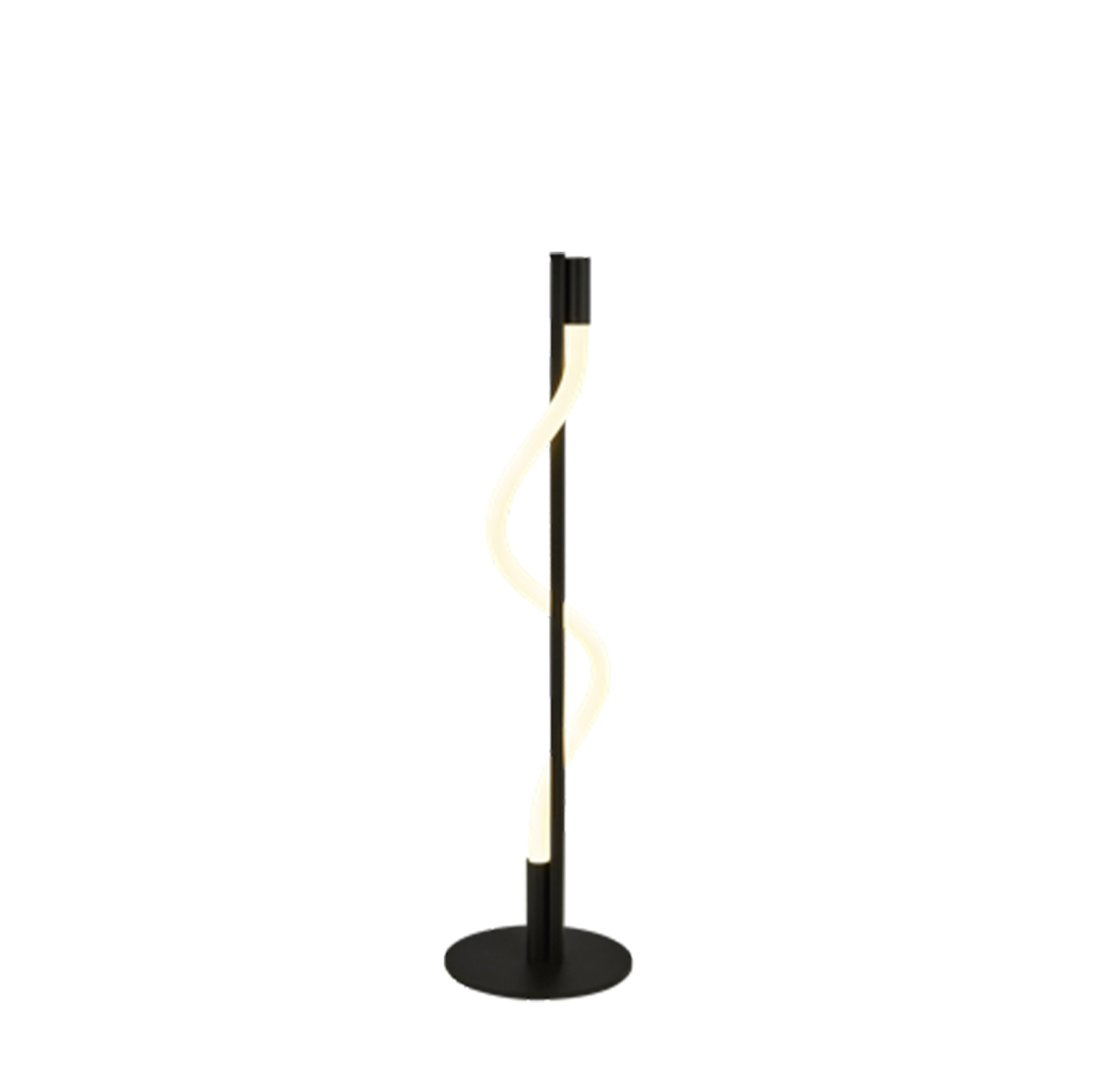 Searchlight Serpent table lamp in black and opal, studio shot of the full spiral tube lit warm white on a round black base