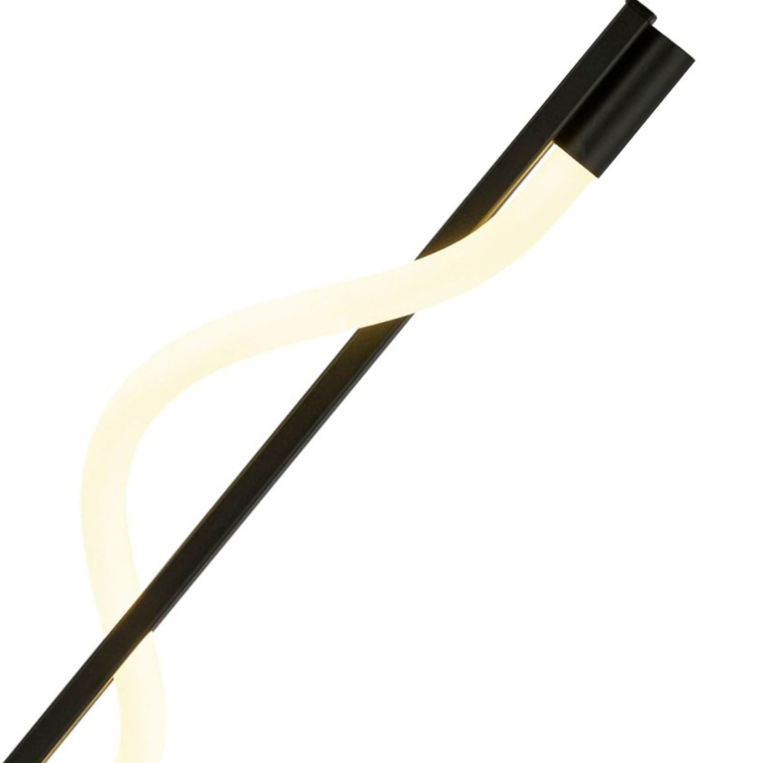 Close up of the Serpent table lamp's spiral opal tube crossing the matt black rod, showing the silicone diffuser detail