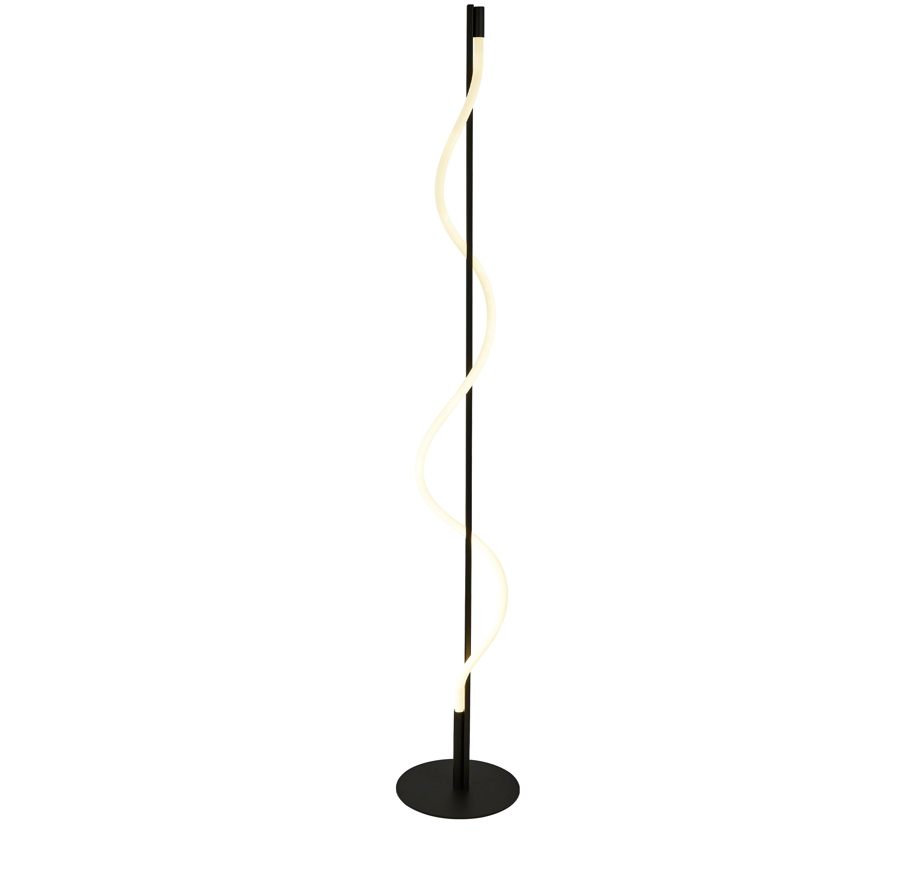 Searchlight Serpent floor lamp in black and opal, studio shot of the full spiral tube lit warm white on a round black base
