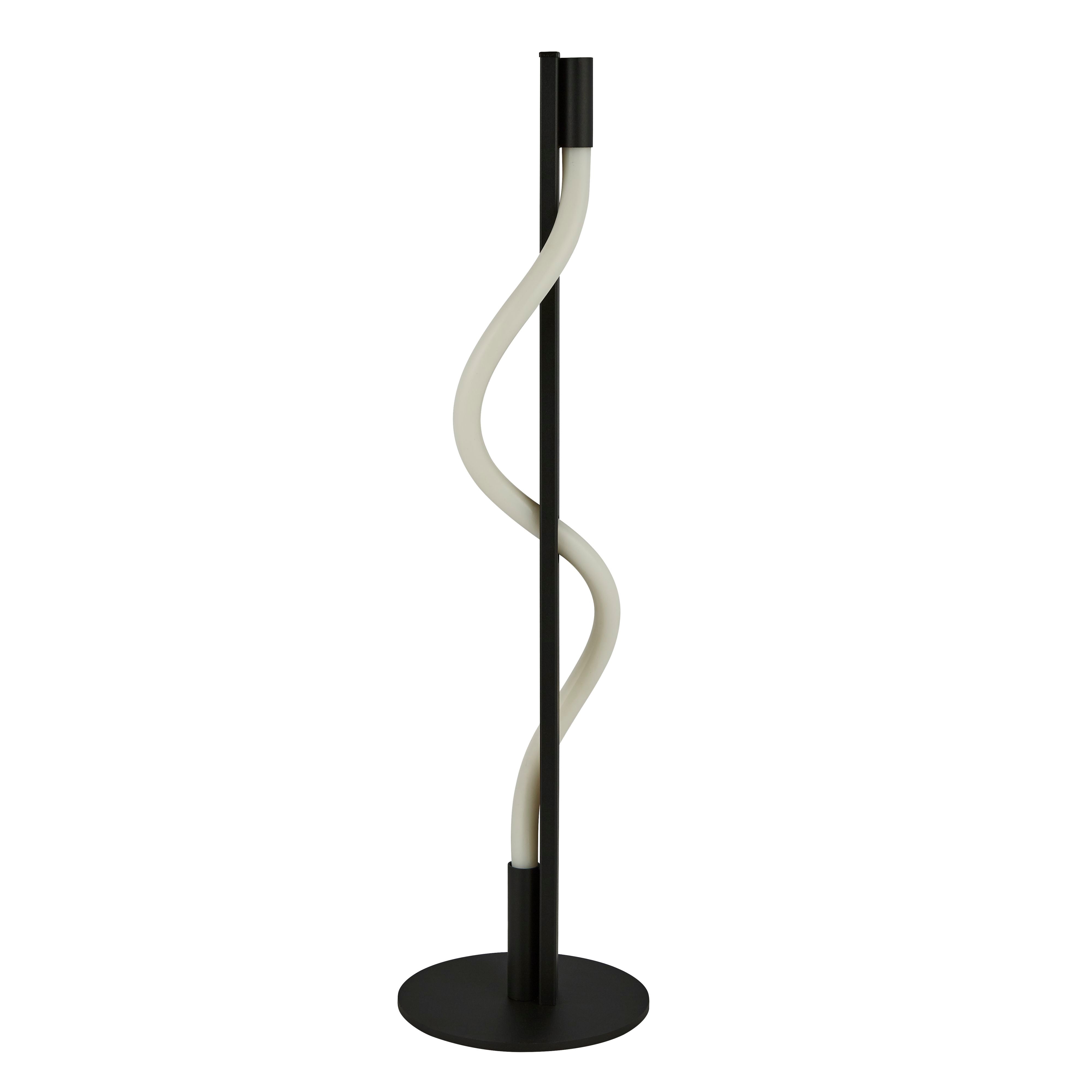 Searchlight Serpent floor lamp, alternate angle showing the black rod and opal spiral tube glowing along its full height