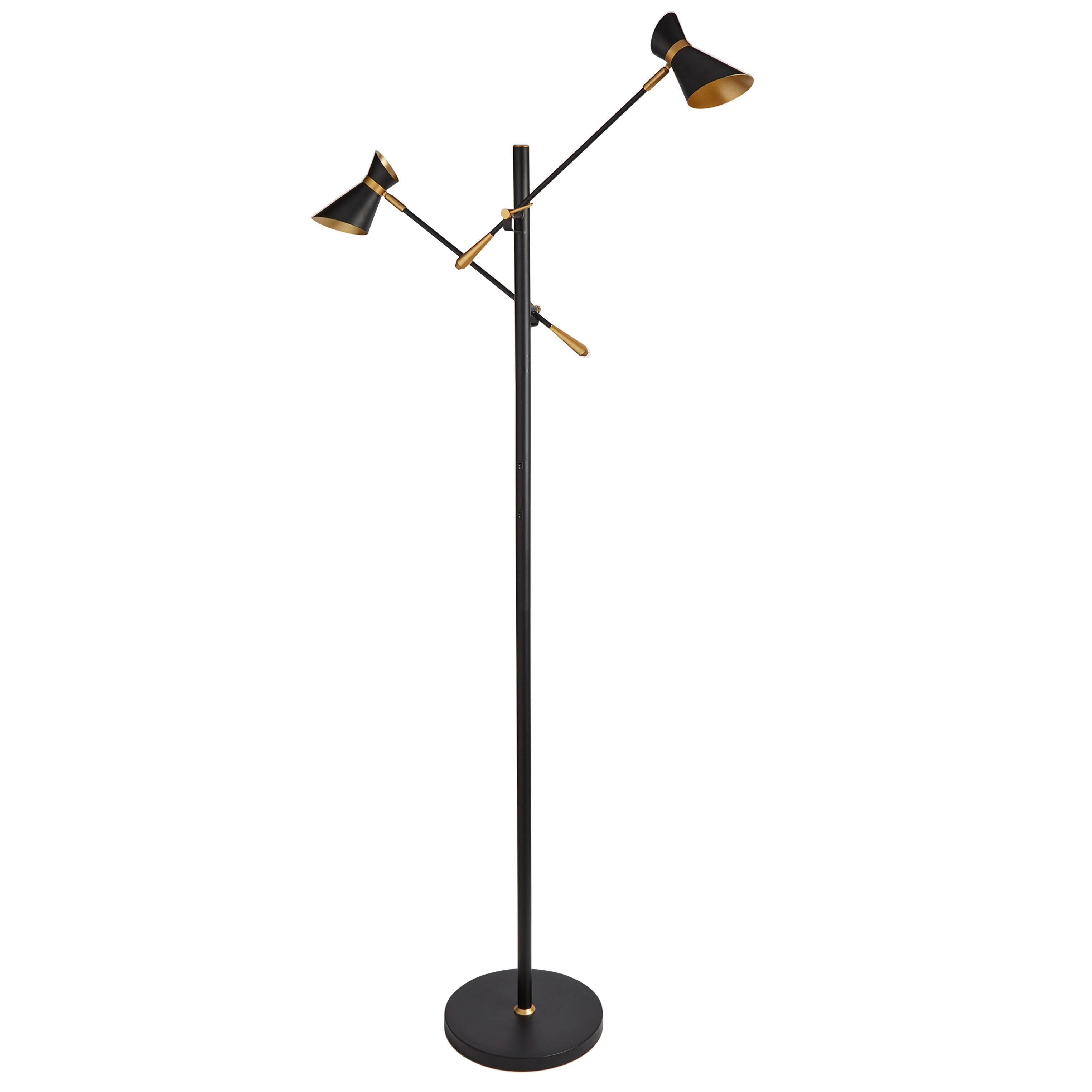 Searchlight Diablo 2 light floor lamp in black and gold, alternate studio angle showing the slim pole and round base
