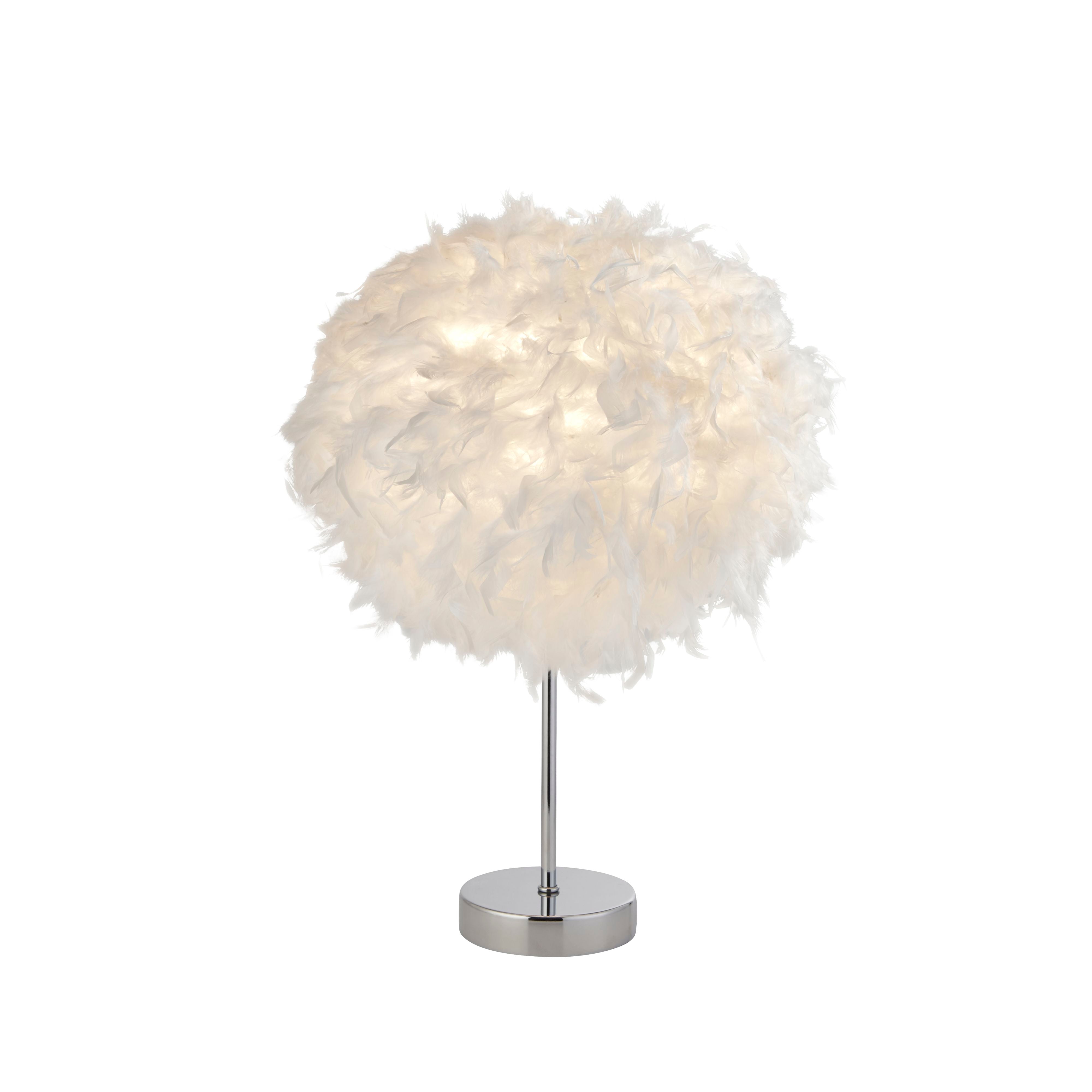 Searchlight Hattie table lamp with a lit white feather ball shade on a polished chrome stem and base, studio shot