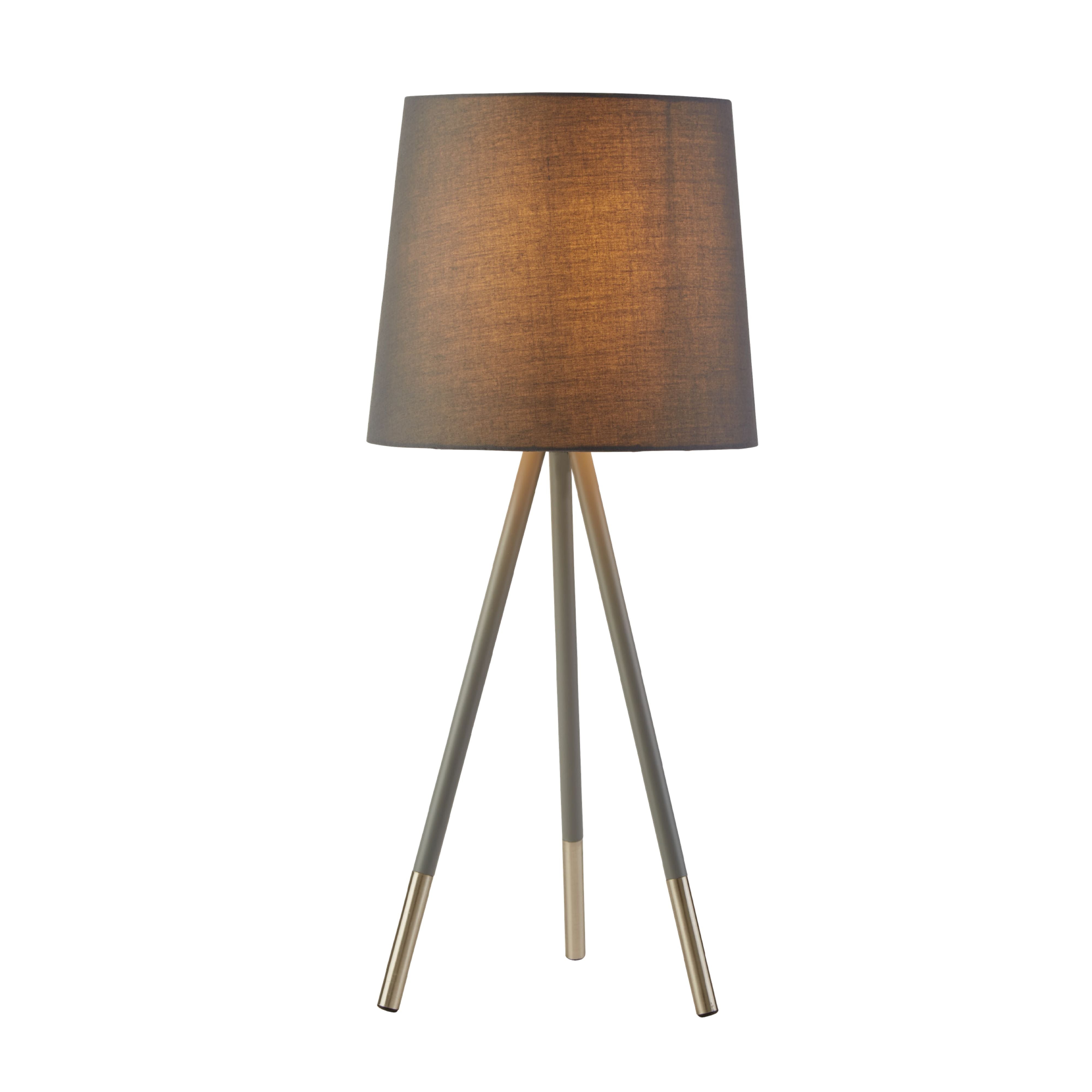 Searchlight Rio table lamp with a grey tripod base, satin silver tipped feet and a grey fabric shade, lit on a white background