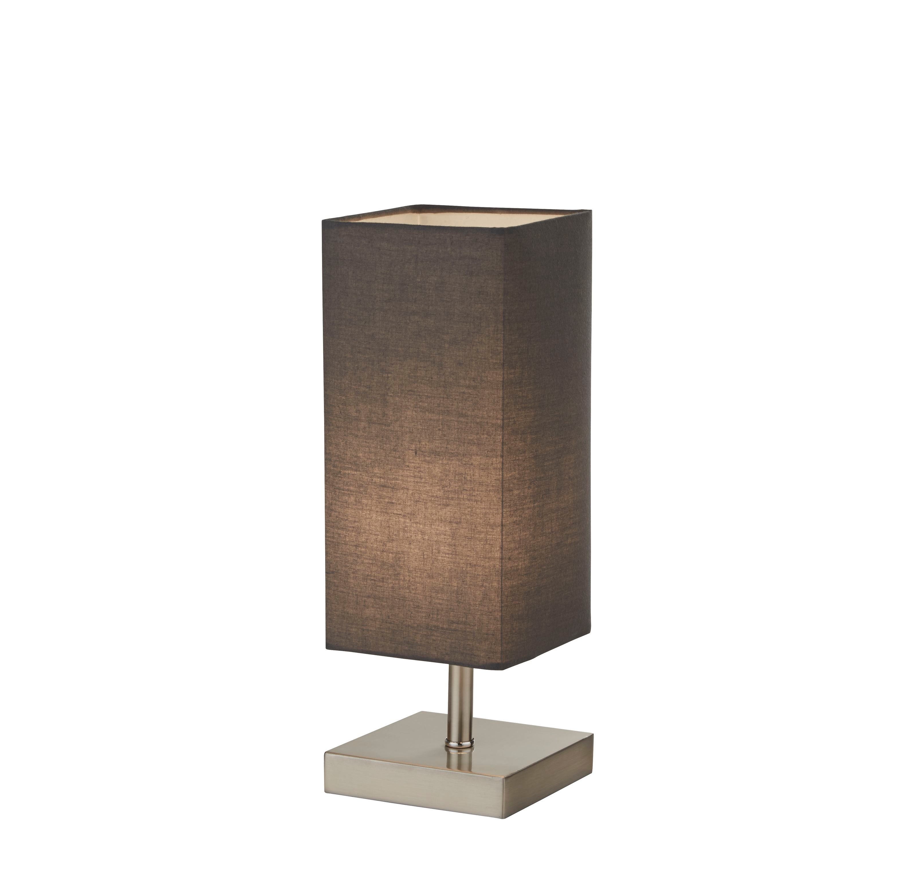 Searchlight Valley table lamp with a satin silver square base and a tall dark grey fabric shade, lit on a white background