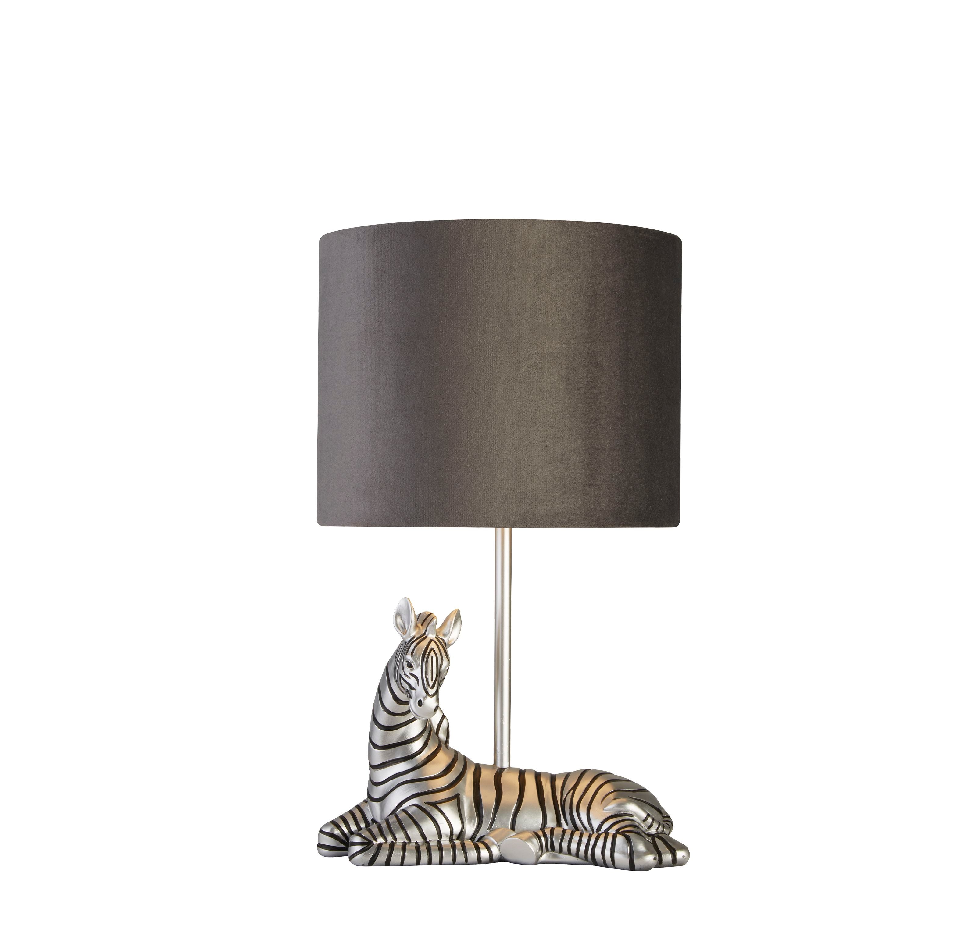 Searchlight Zebra table lamp in silver resin with a charcoal grey velvet drum shade, front view on a white background