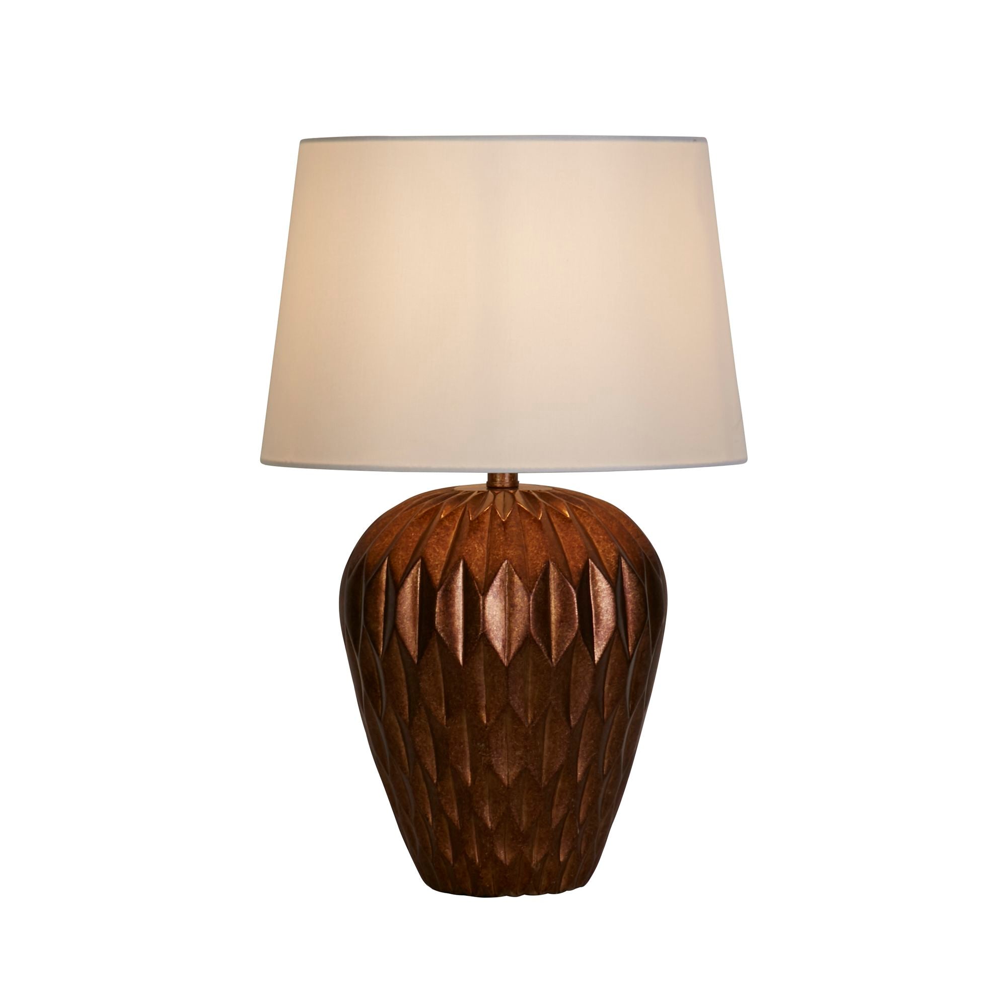 Searchlight Rosetta table lamp with bronze resin faceted base and white linen shade, angled studio shot on a white background