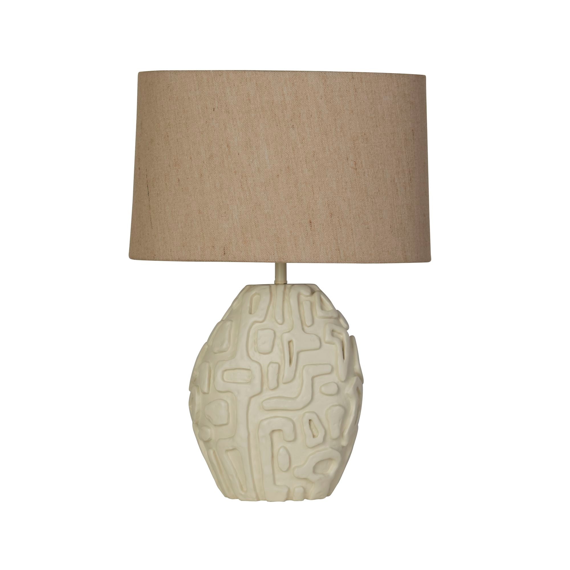 Searchlight Adelaide table lamp shown from a slightly different angle, cream resin base with an abstract linear pattern and an oatmeal linen drum shade