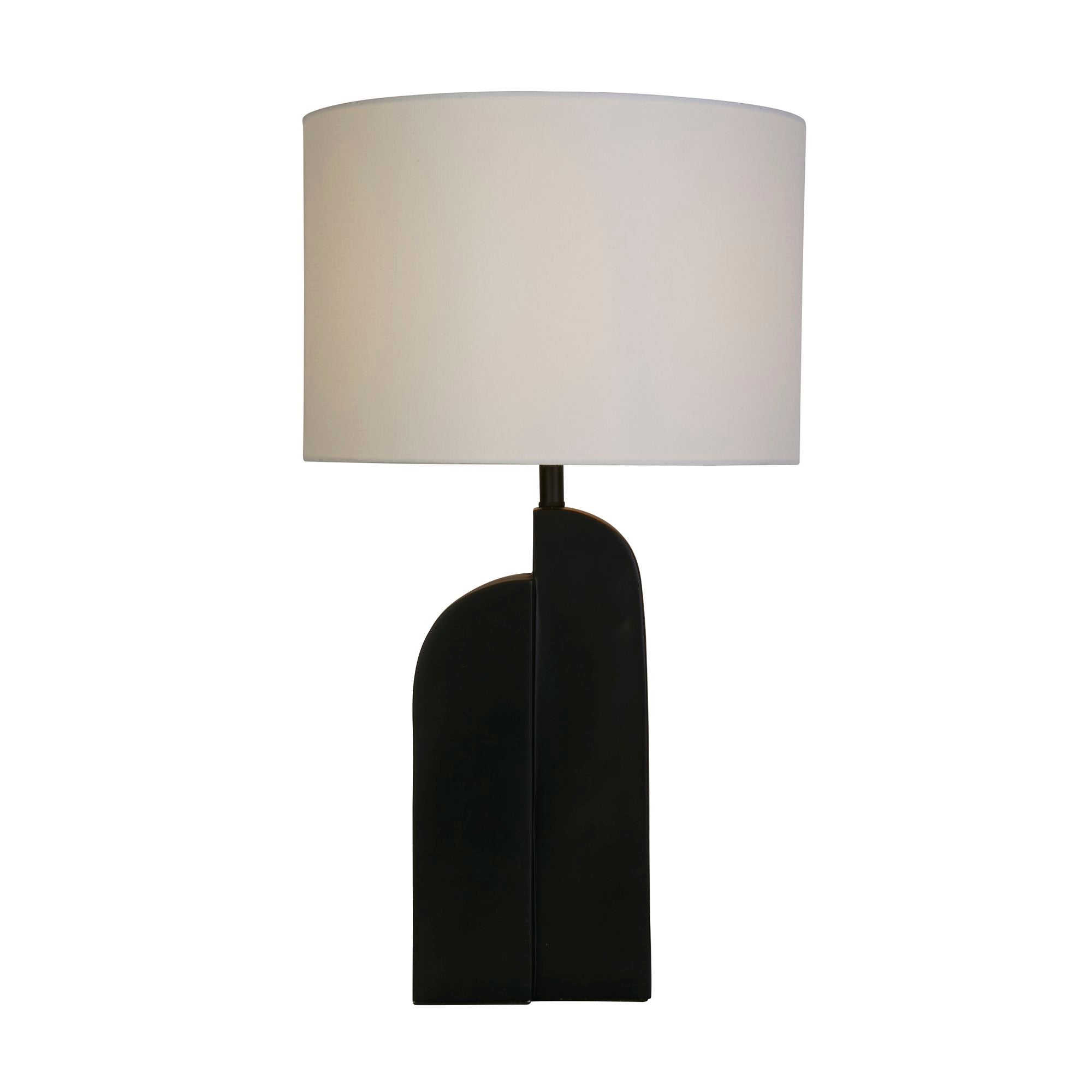 Searchlight Perth table lamp in matt black with a white linen drum shade, studio shot on a white background, front view showing the dual arch base