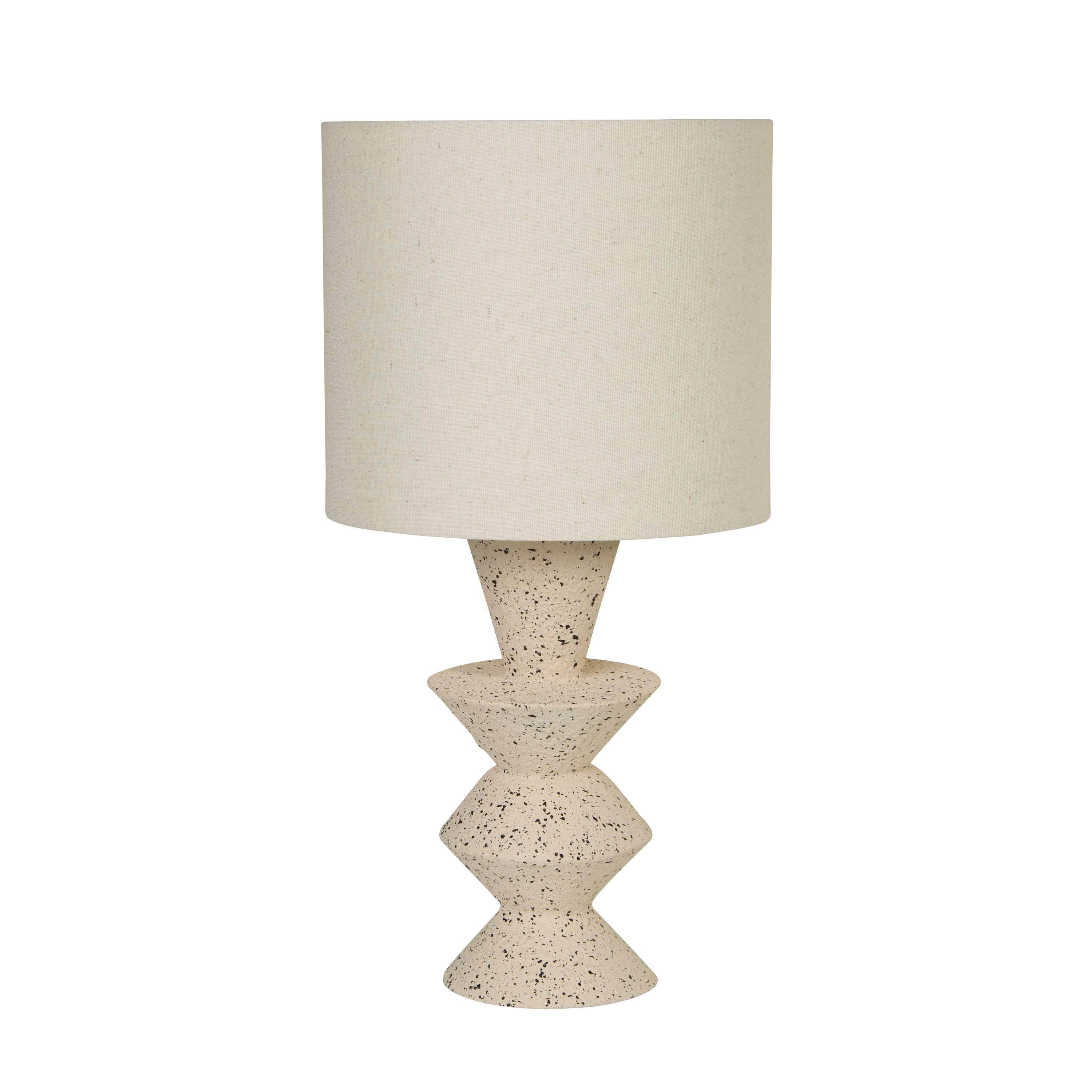 Searchlight Malacca table lamp, front view showing the geometric stacked stoneware base and white fabric shade