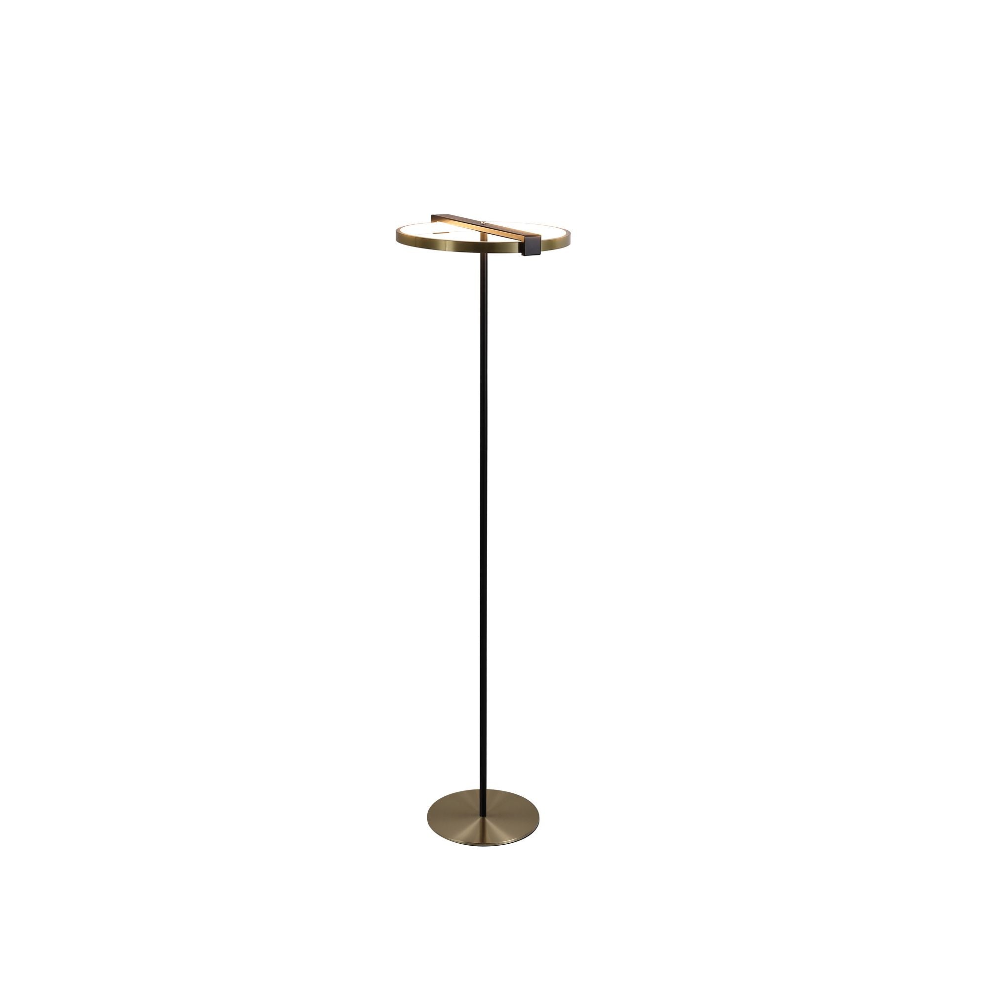 Searchlight Aerial LED Floor Lamp in gold and black, full length studio shot with the ring lit warm white on a slender black stem and round brass base