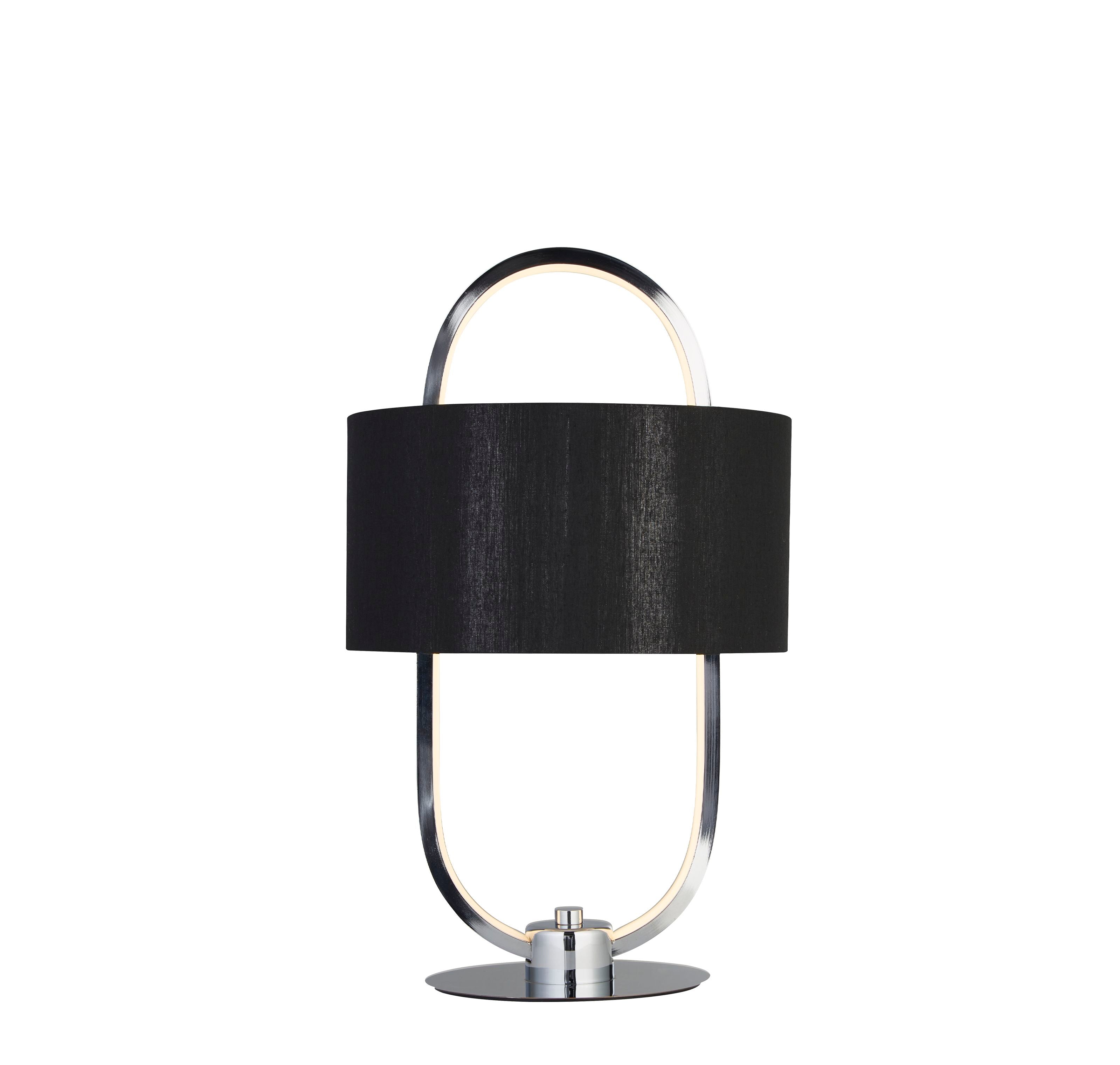 Searchlight Madrid table lamp with a chrome oval ring frame, glowing integrated LED and a black drum fabric shade, studio shot