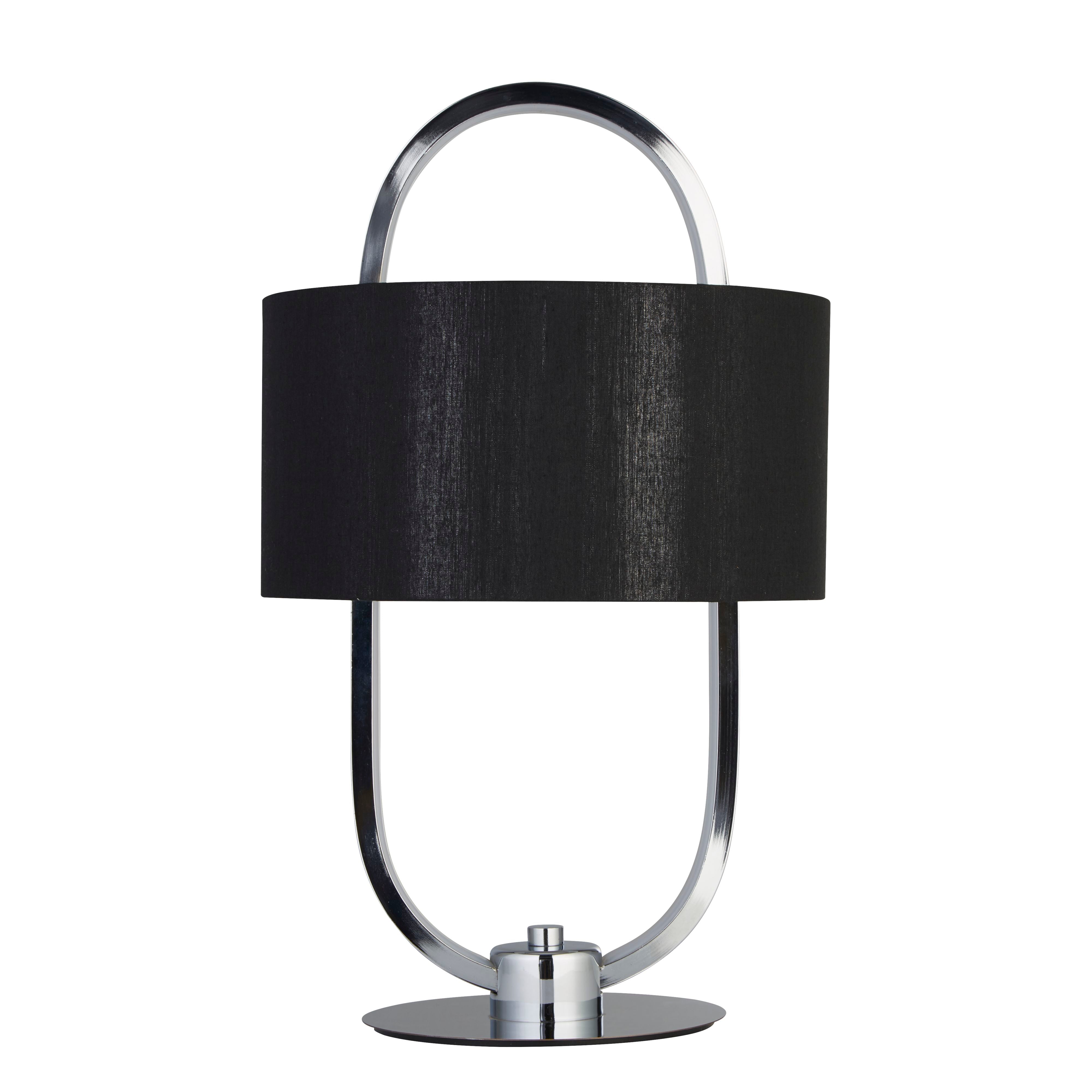Searchlight Madrid table lamp shown straight on, showing the chrome ring frame and black fabric shade around a round chrome base