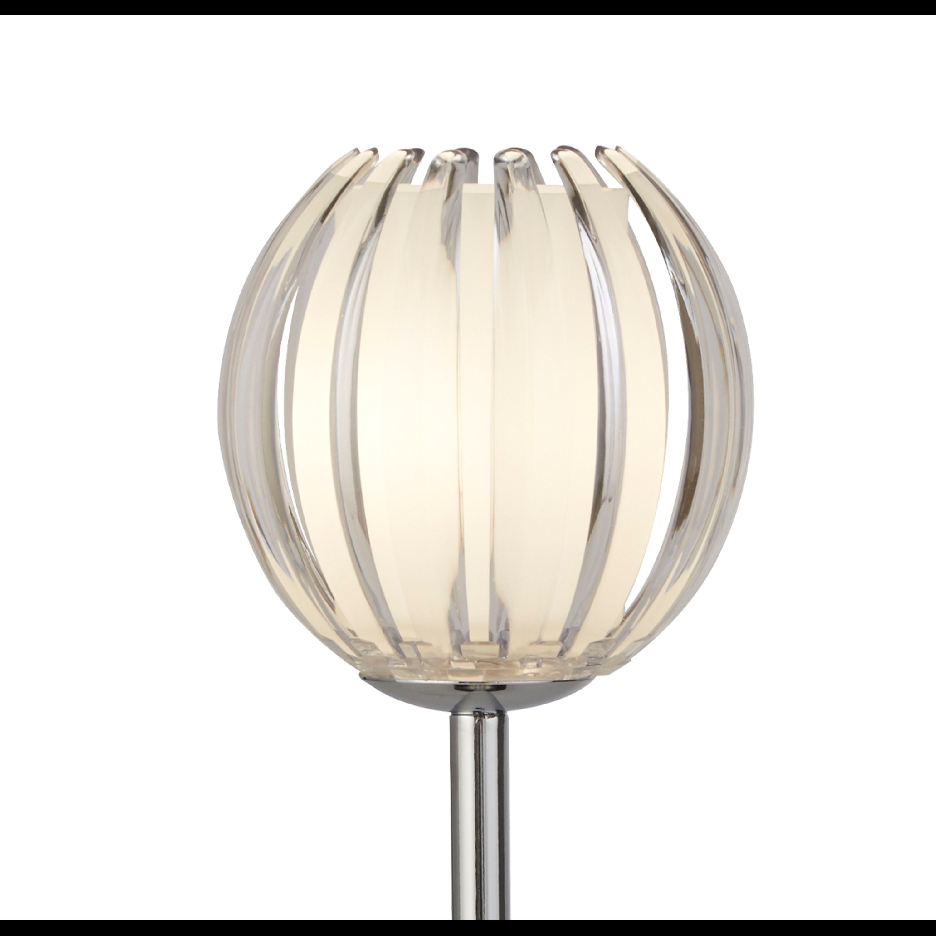 Close up of the Blossom table lamp shade showing the curved clear acrylic ribs and frosted white glass diffuser