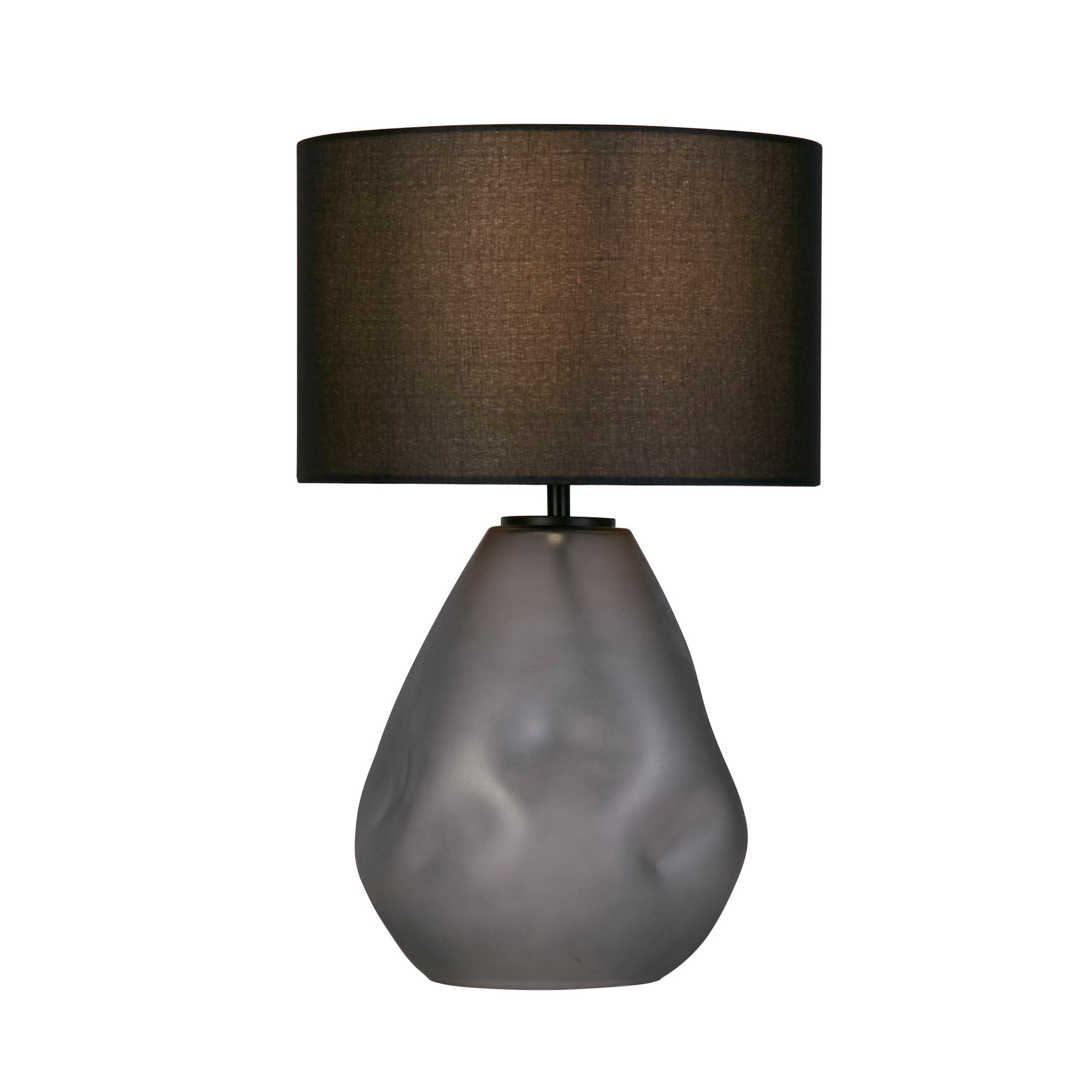 Searchlight Devon table lamp in black, with a frosted smoky grey dimpled glass teardrop base and a black linen drum shade, studio shot on a white background