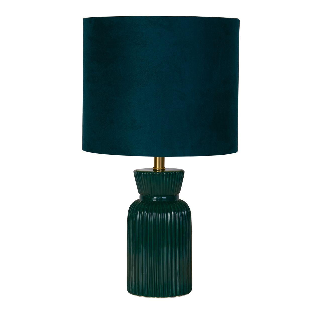 Searchlight Tia table lamp in emerald, ribbed ceramic base with fluted neck and matching emerald velvet drum shade, studio shot with the lamp lit