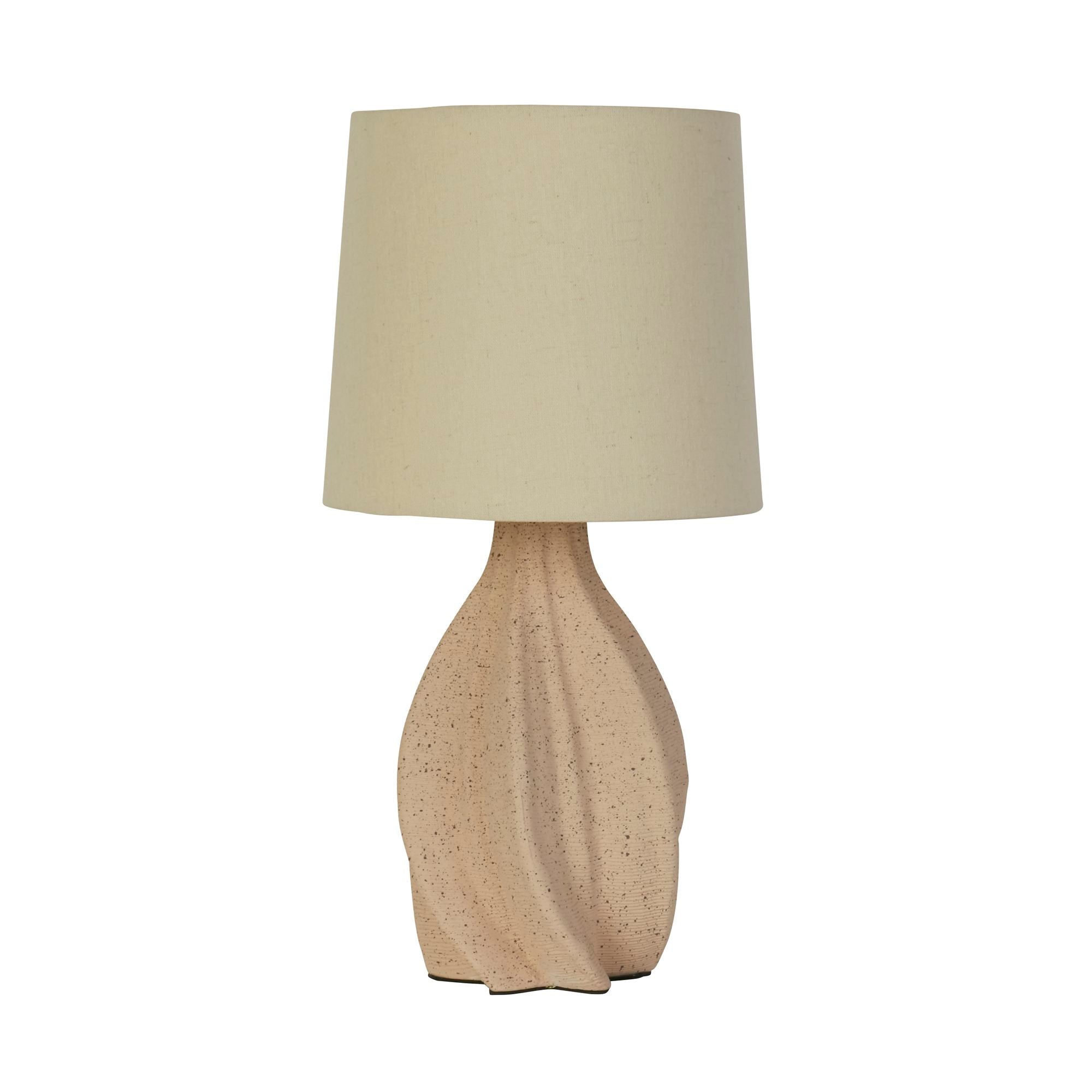 Searchlight Twist table lamp with cream speckled ceramic twisted base and natural linen drum shade, studio front view