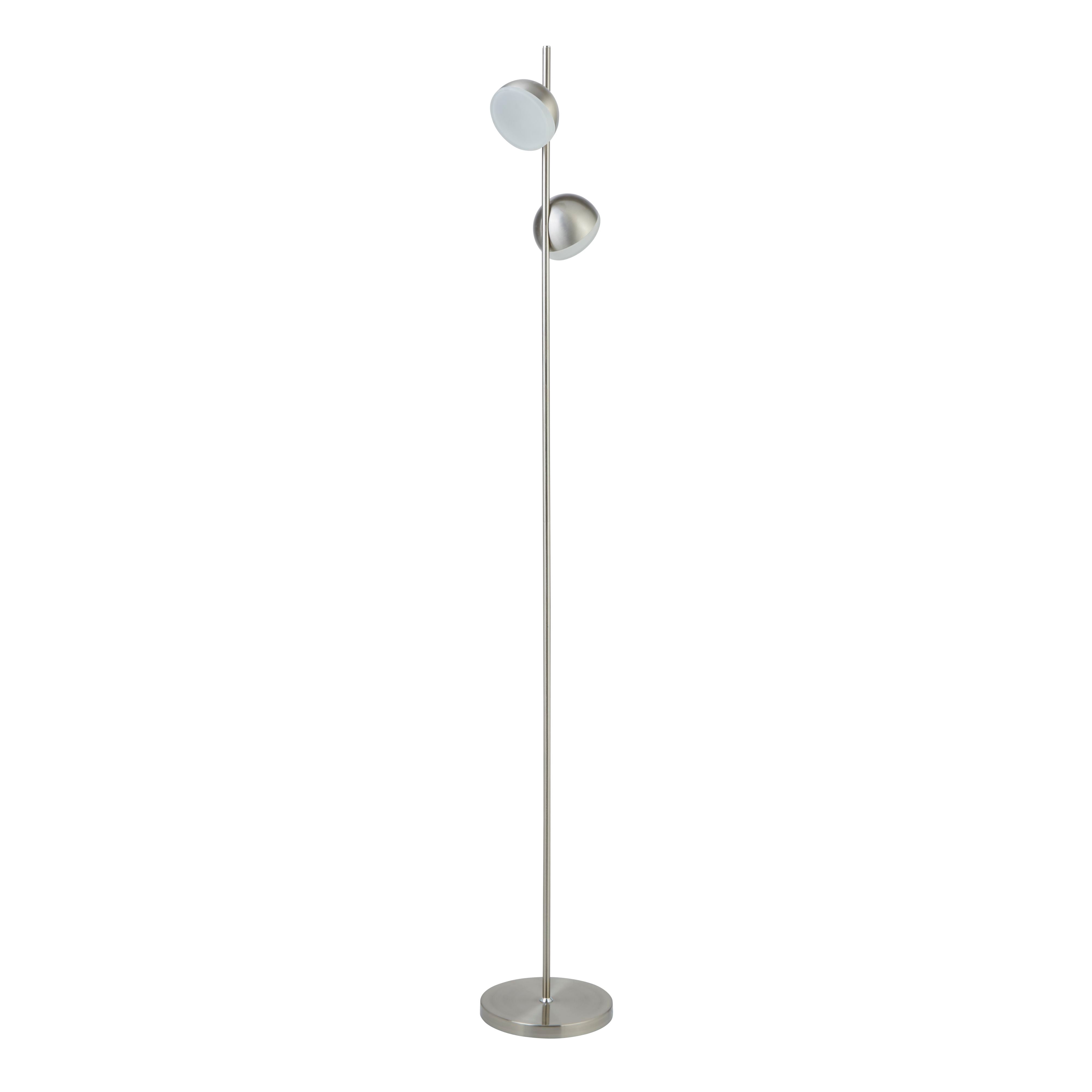 Searchlight Tully floor lamp in satin silver, close view of the two staggered dome heads, both lit