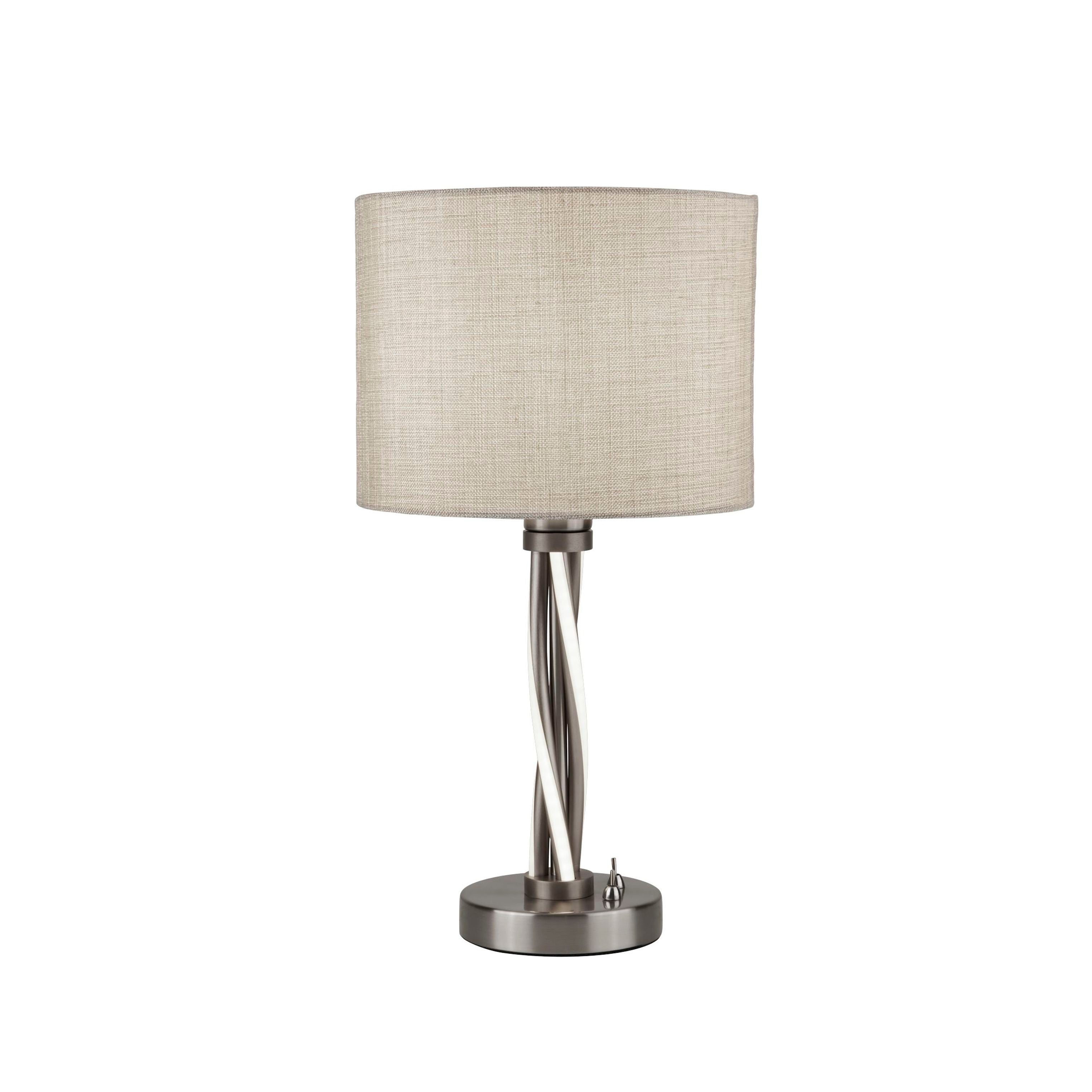 Searchlight Vegas table lamp in satin silver with an ivory hessian shade, front view on a white background