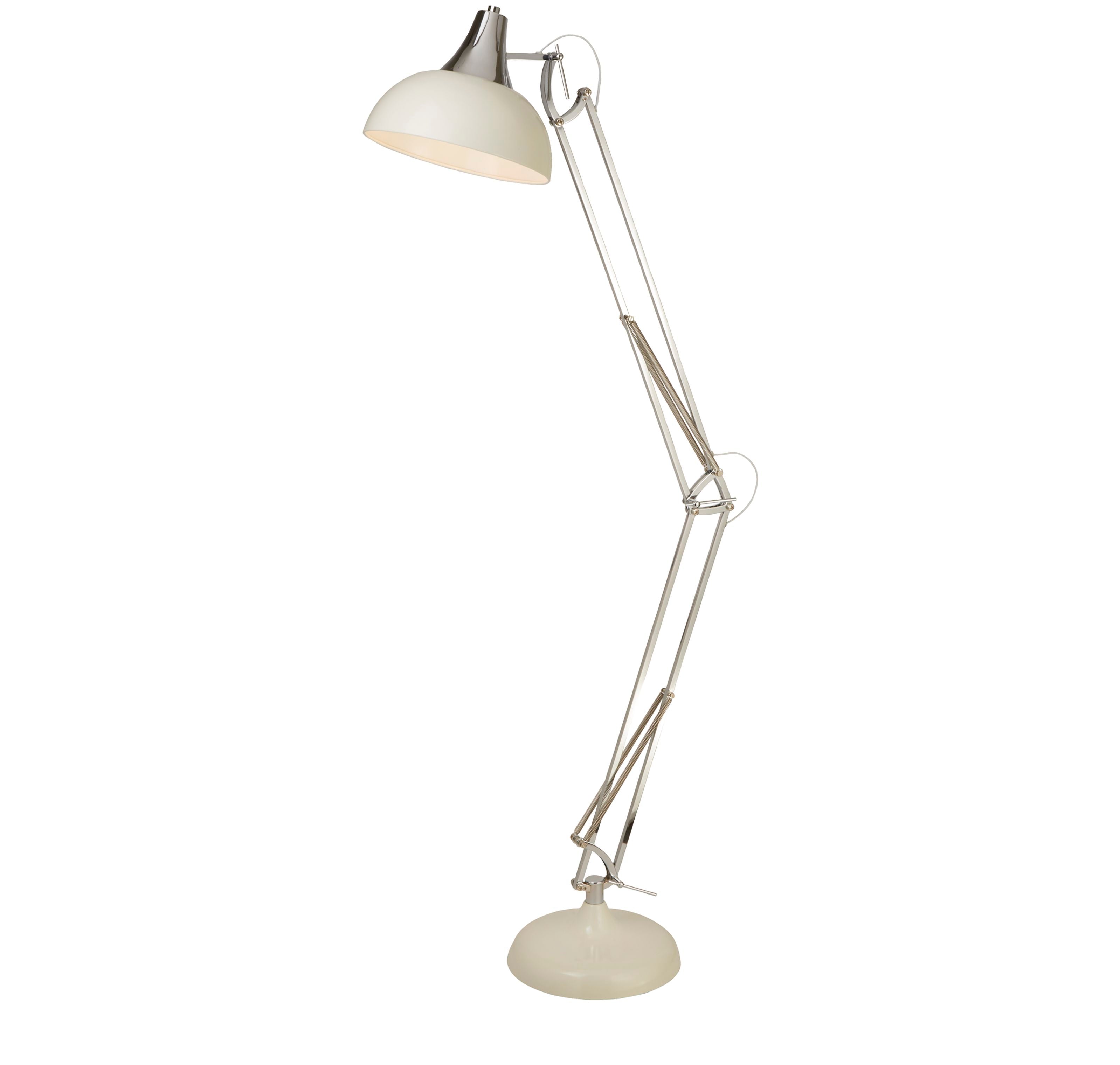 Searchlight Goliath adjustable floor lamp in chrome and cream, full length view on a plain white background