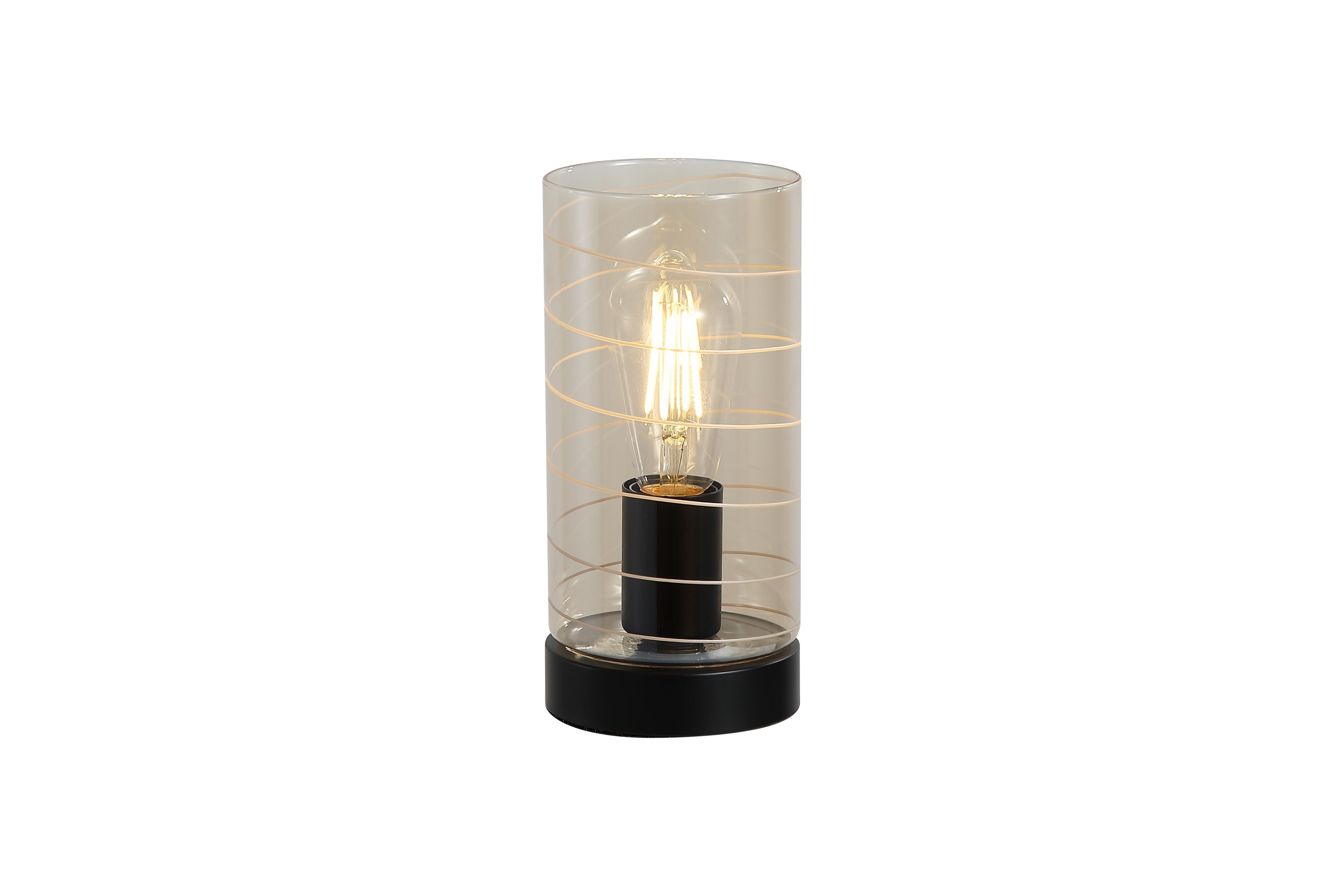 Searchlight Broughton table lamp in amber glass with a black base, lit showing the exposed filament style bulb through the spiral line pattern
