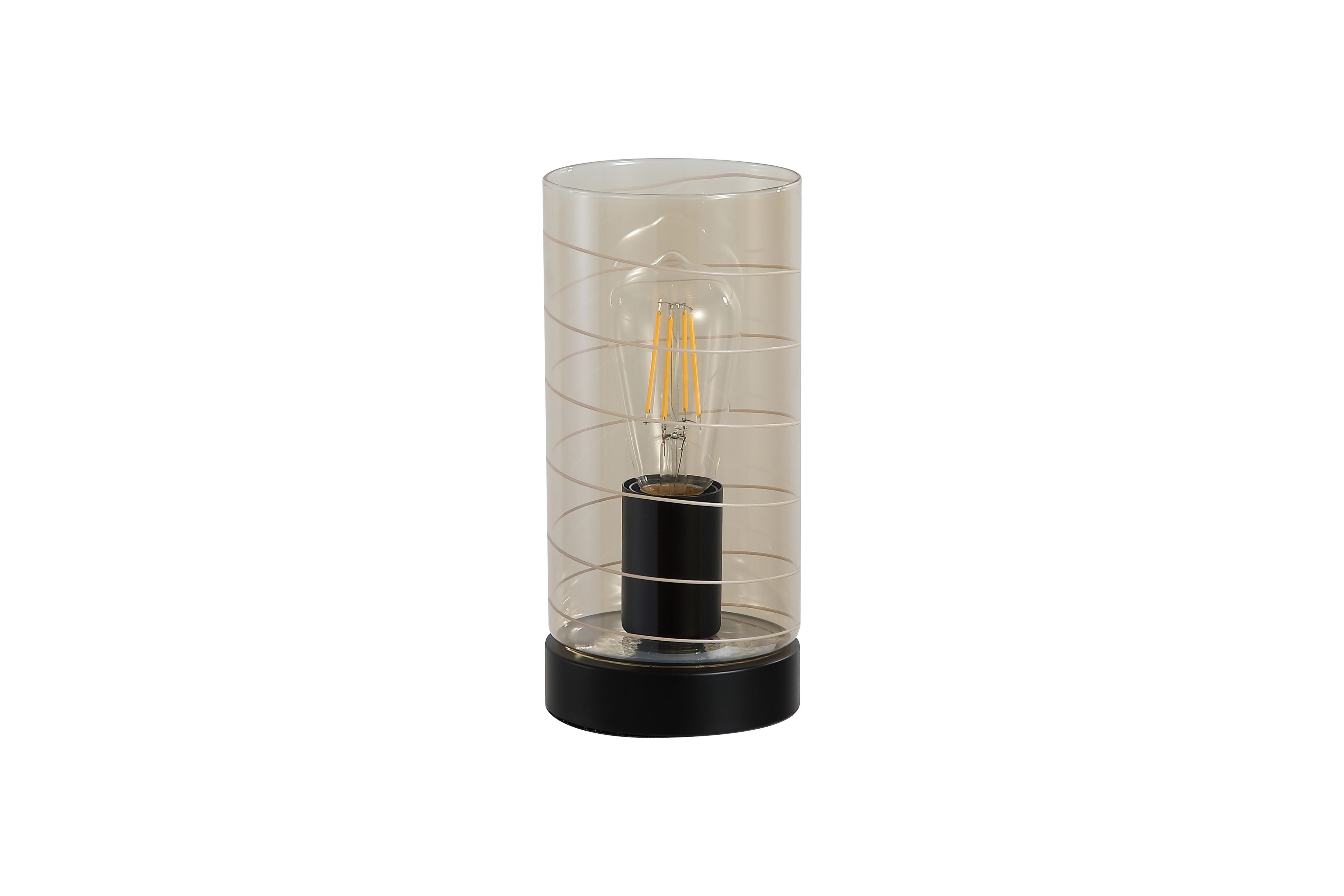 Broughton table lamp in amber glass, alternate studio angle showing the black base and glowing filament bulb through the glass