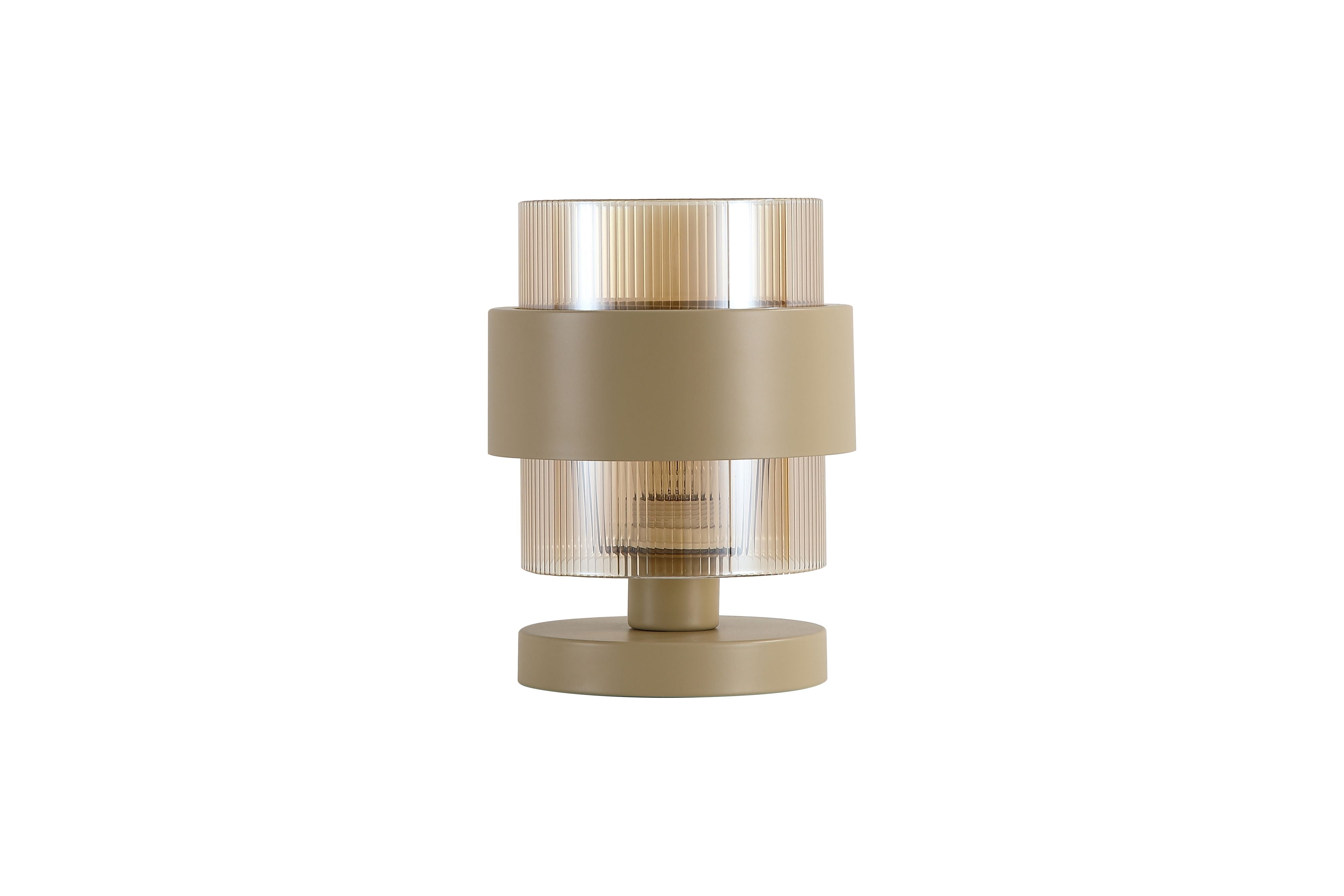 Searchlight Royal Table Lamp, straight on studio shot showing the two tier ribbed glass shade and sand metal band lit