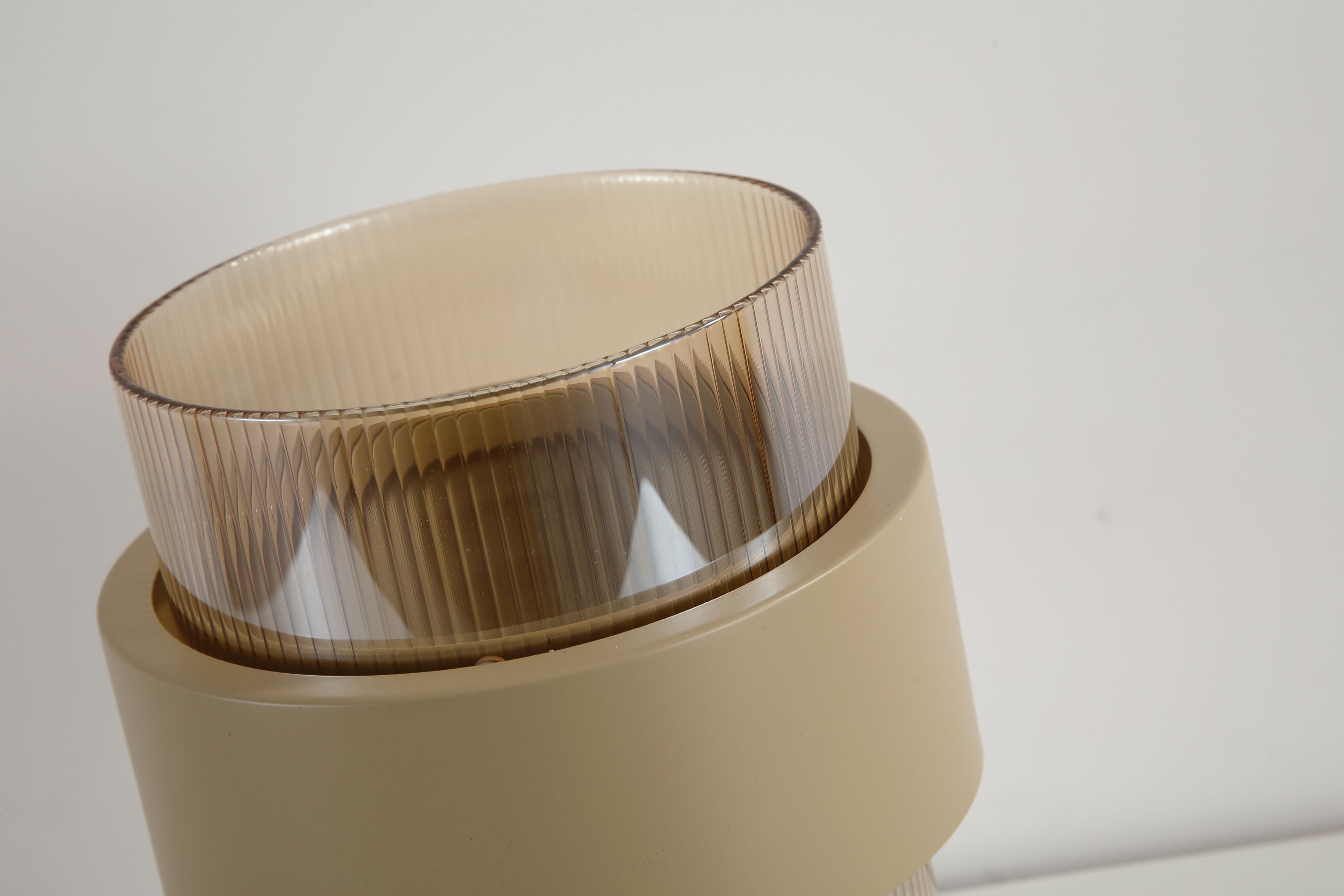 Close up of the Searchlight Royal Table Lamp showing the ribbed amber glass rim and sand metal collar