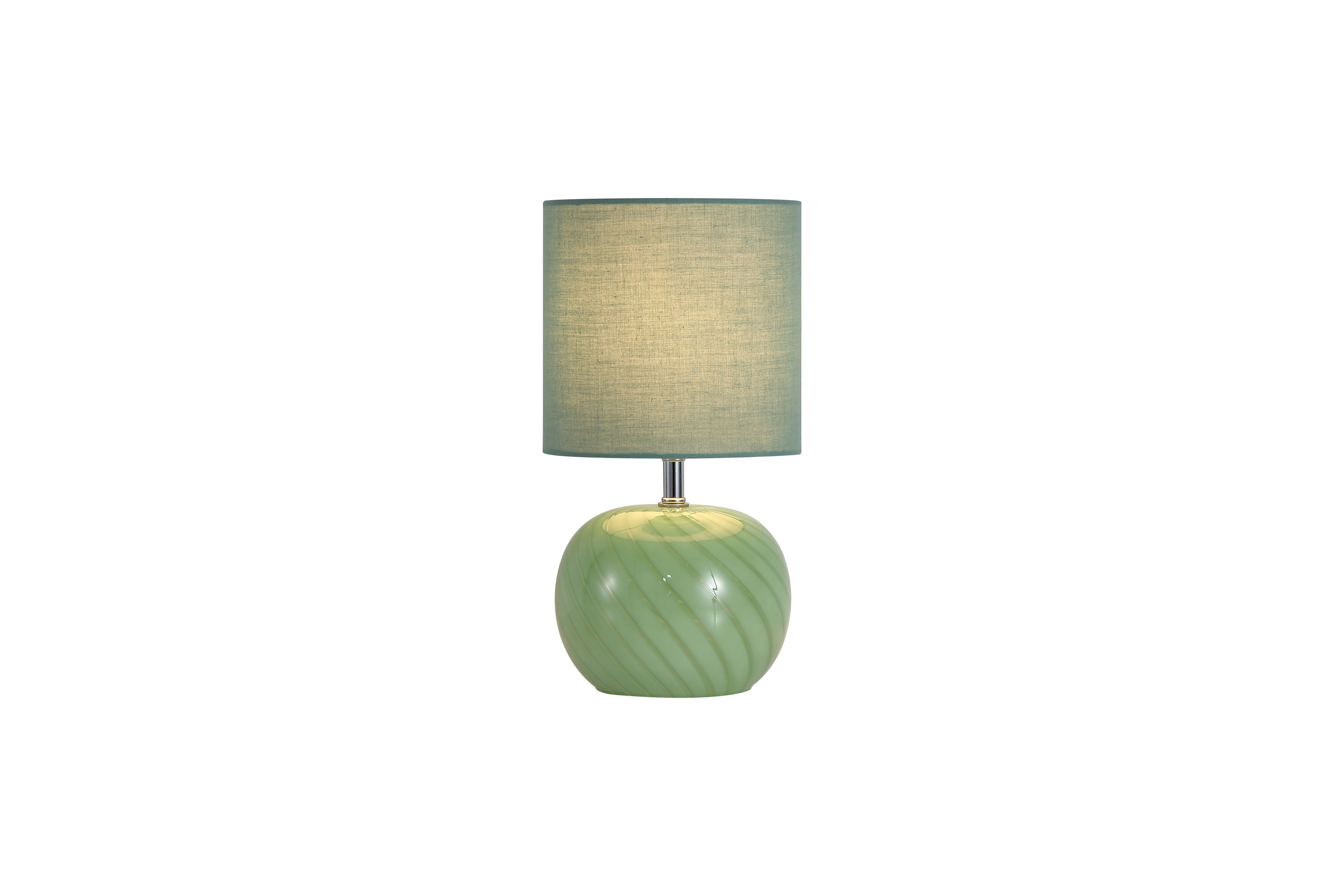 Searchlight Fete table lamp with green swirled glass base and green linen drum shade, studio shot on white background