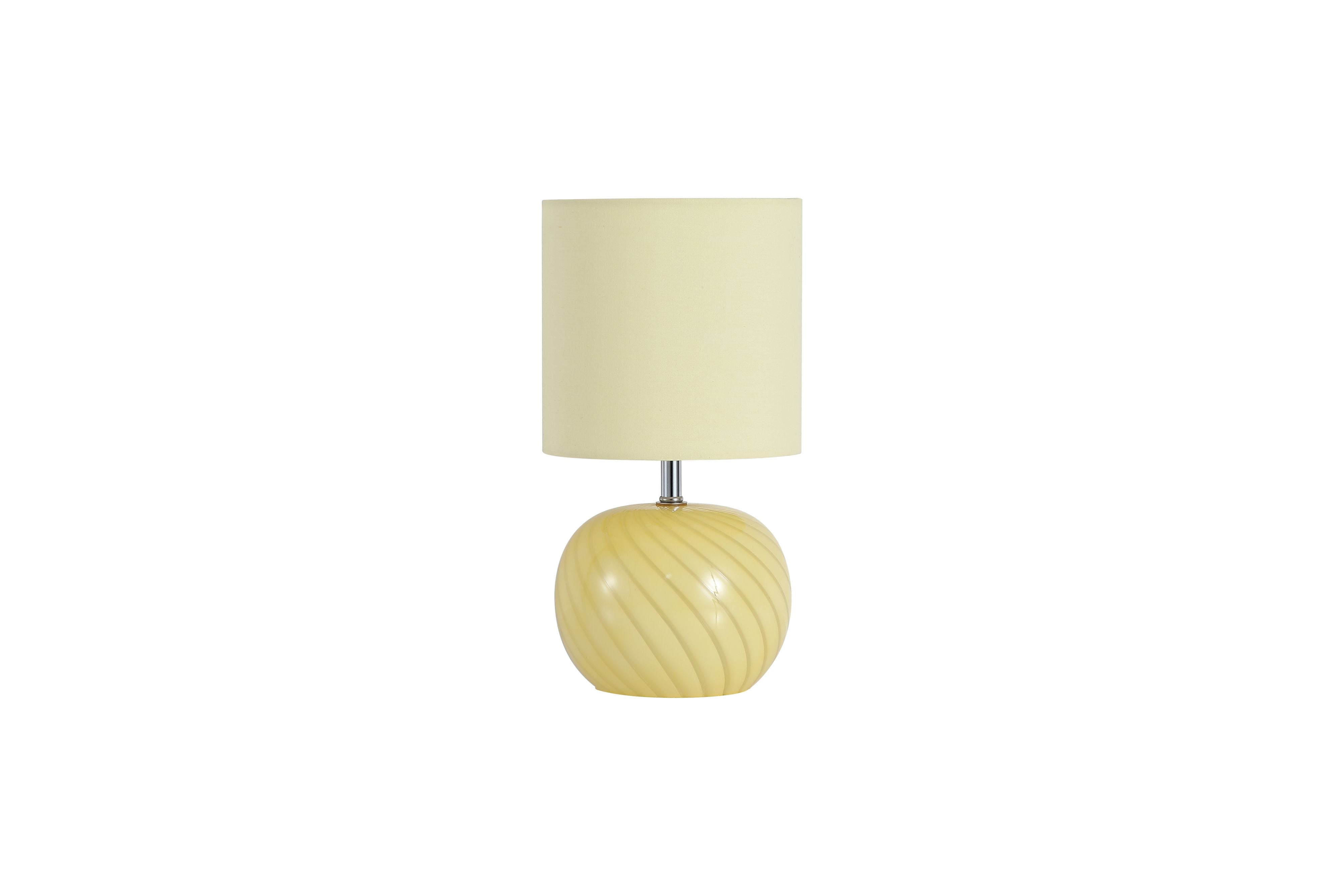Close up of the Fete lamp's yellow linen drum shade, showing the woven fabric texture