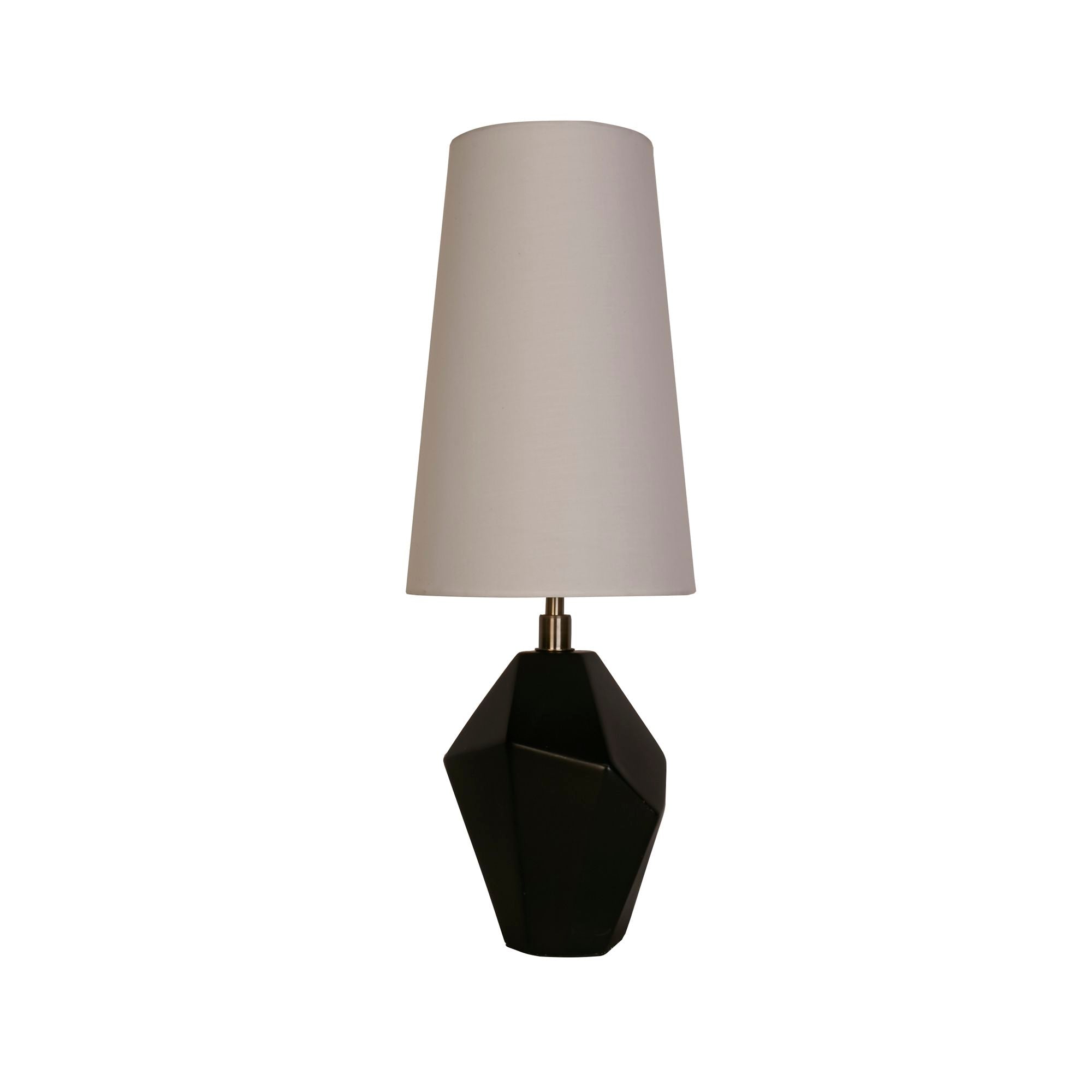 Searchlight Apex table lamp, front view showing the angular black resin base and white tapered fabric shade