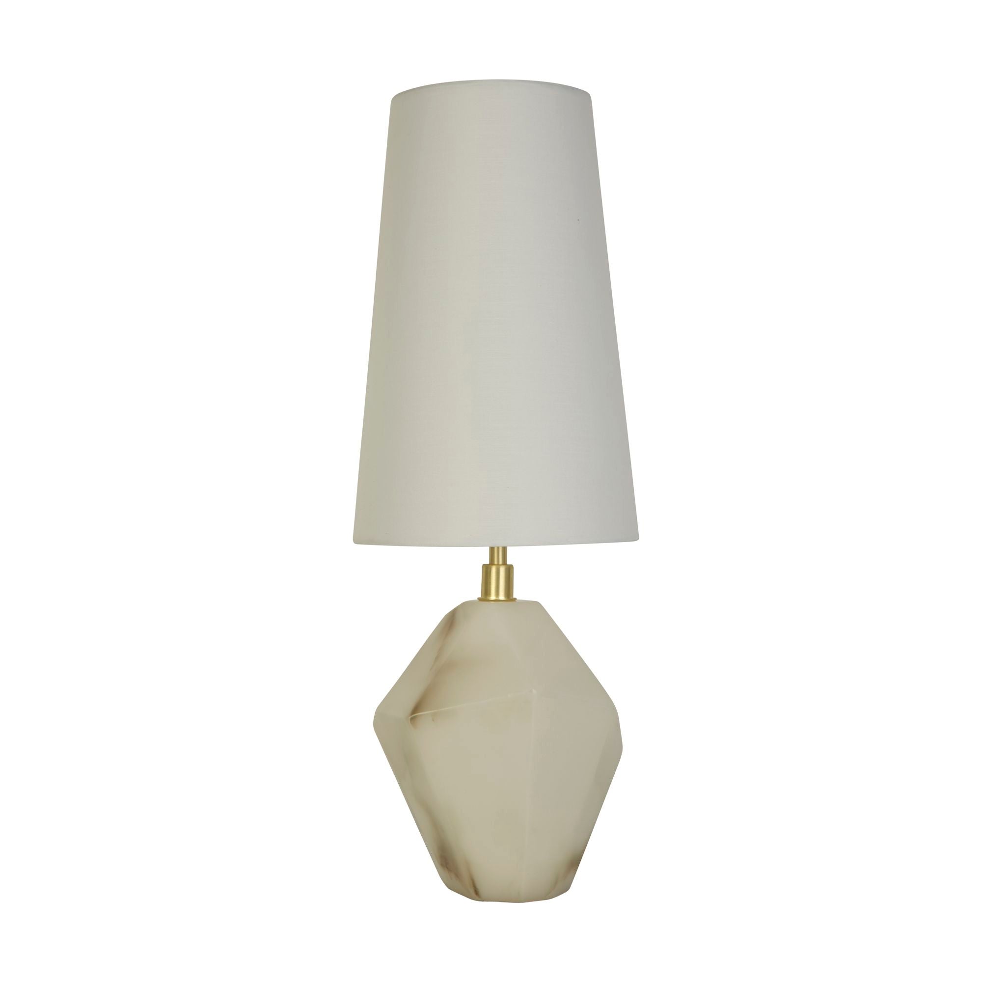 Searchlight Apex table lamp, front view showing the angular white resin base and white tapered fabric shade