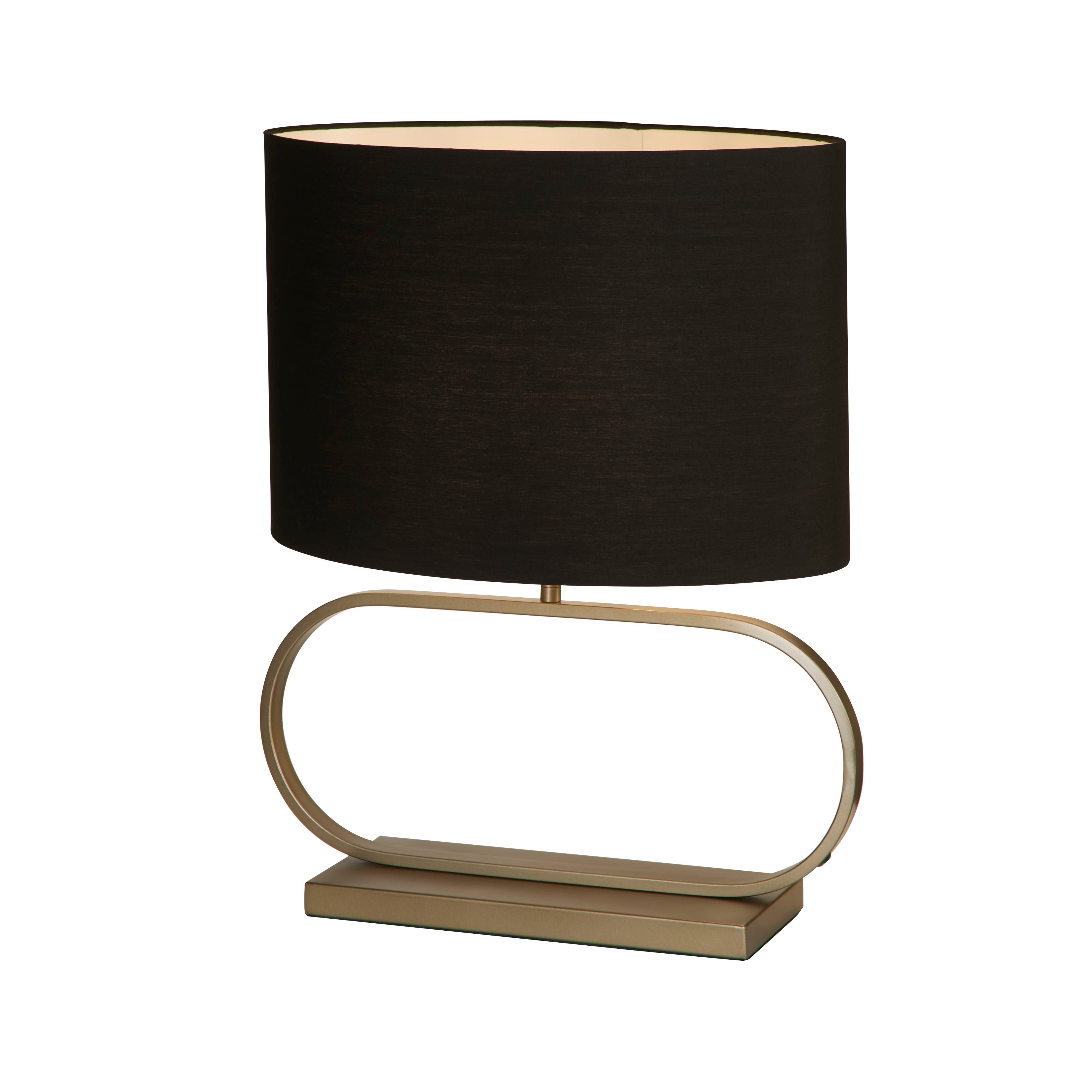 Searchlight Sleek table lamp in bronze with a black shade, angled studio shot showing the oval black cotton shade and bronze metal oval base.