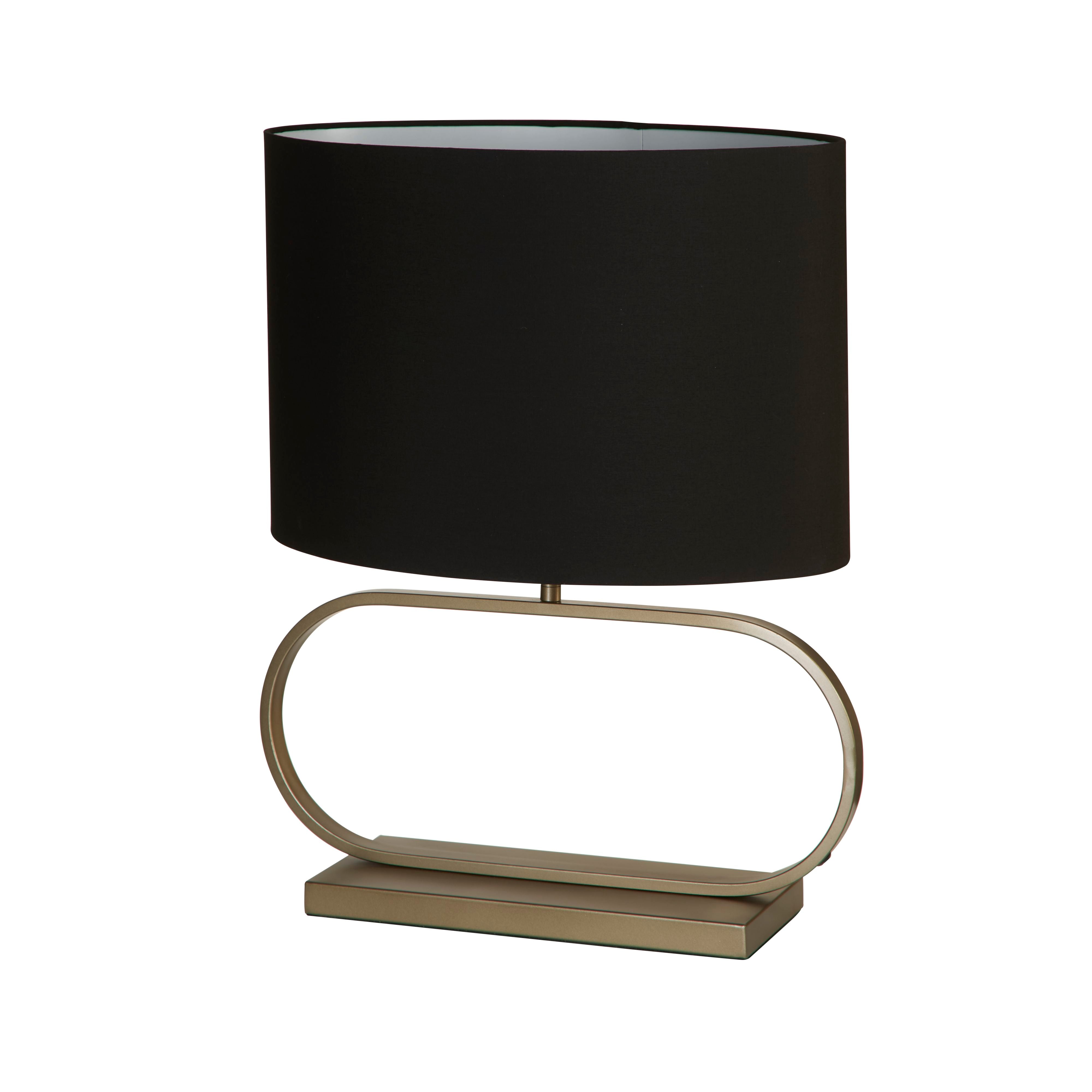 Searchlight Sleek table lamp in bronze with a black shade, alternate angle studio shot on a white background.