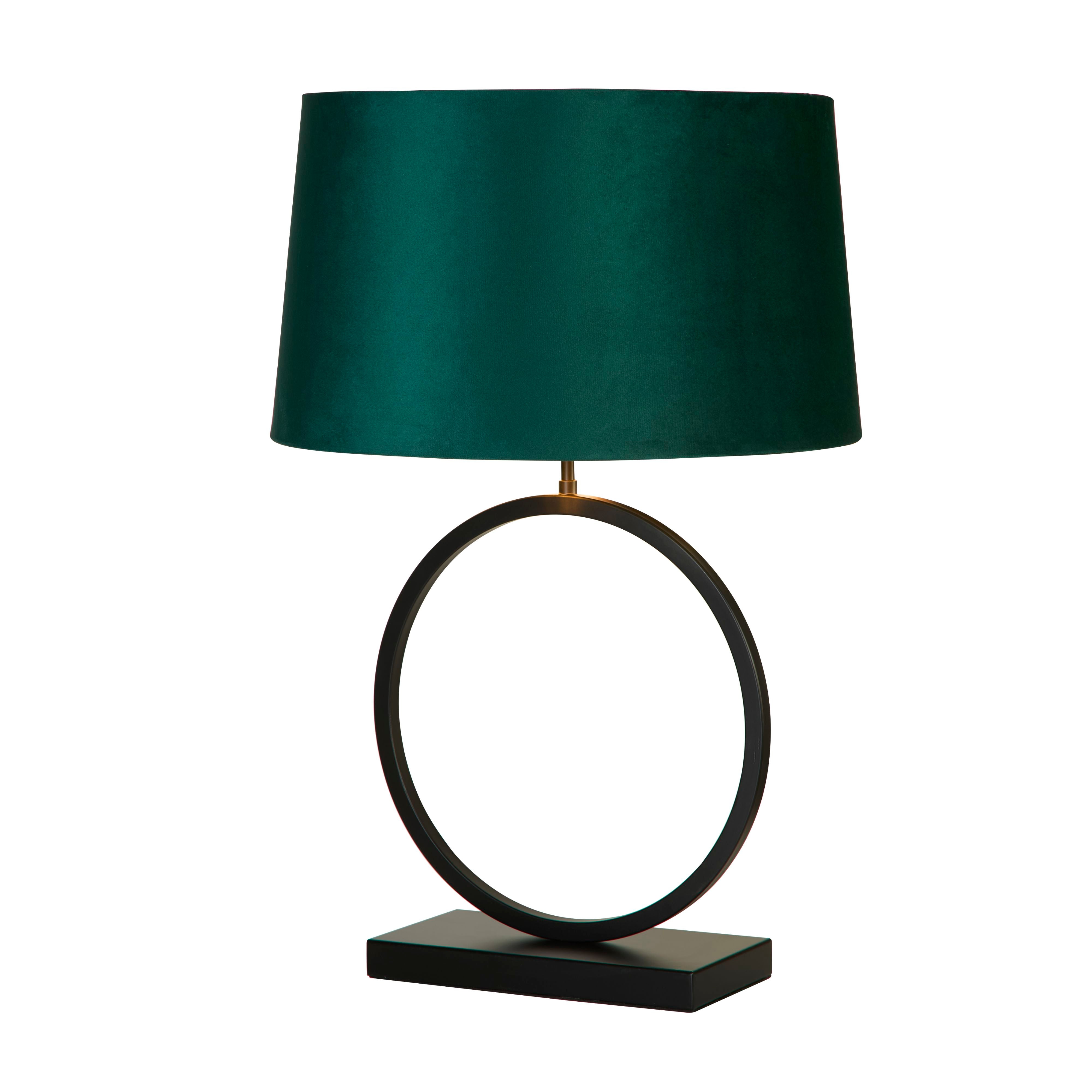 Searchlight Elegant Table Lamp in matt black with an emerald green velvet shade, studio shot on a white background showing the circular ring base and tapered shade