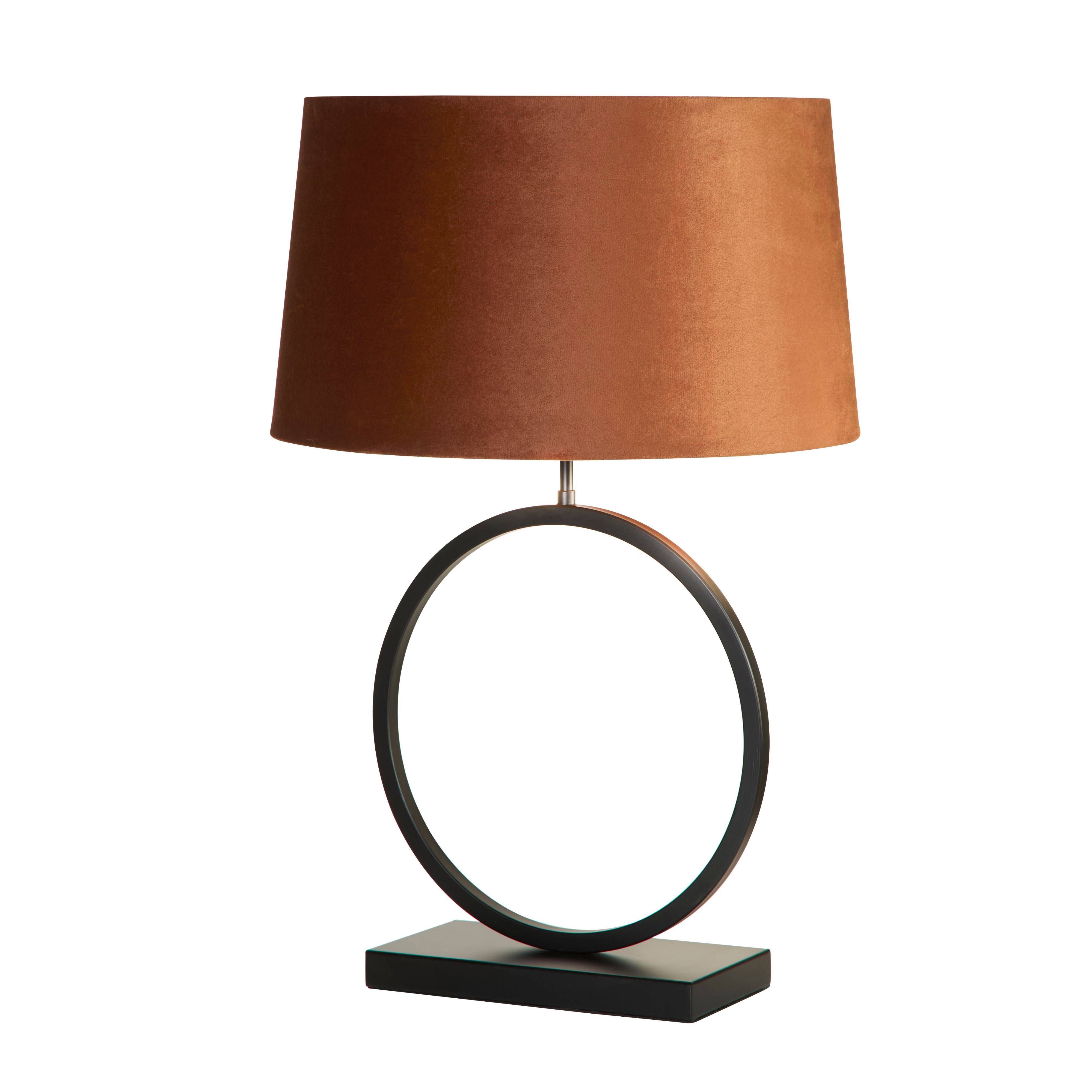 Searchlight Elegant Table Lamp in matt black with a burnt orange velvet shade, studio shot on a white background showing the circular ring base and tapered shade