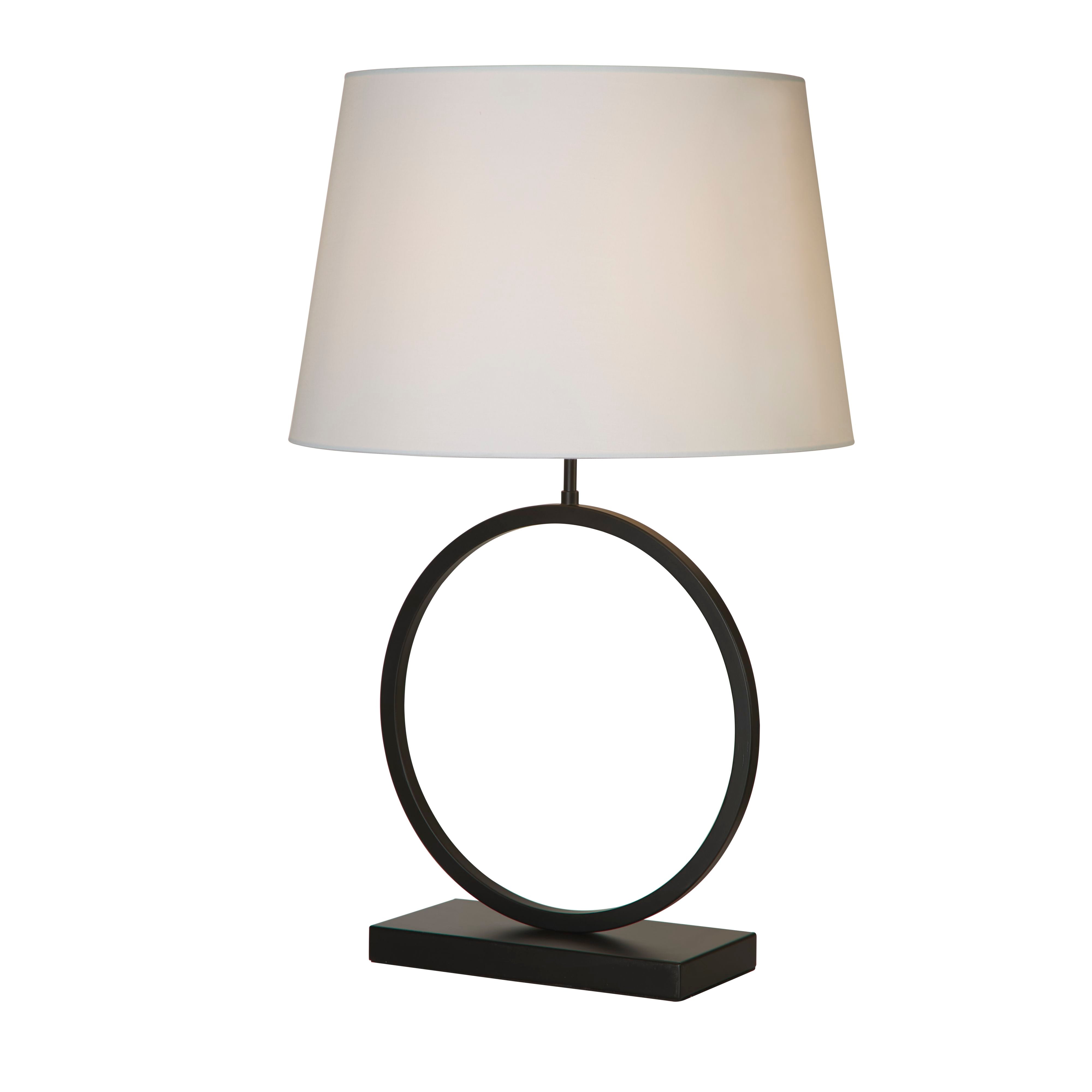 Searchlight Elegant Table Lamp in matt black with a white cotton shade, studio shot on a white background showing the circular ring base and tapered shade