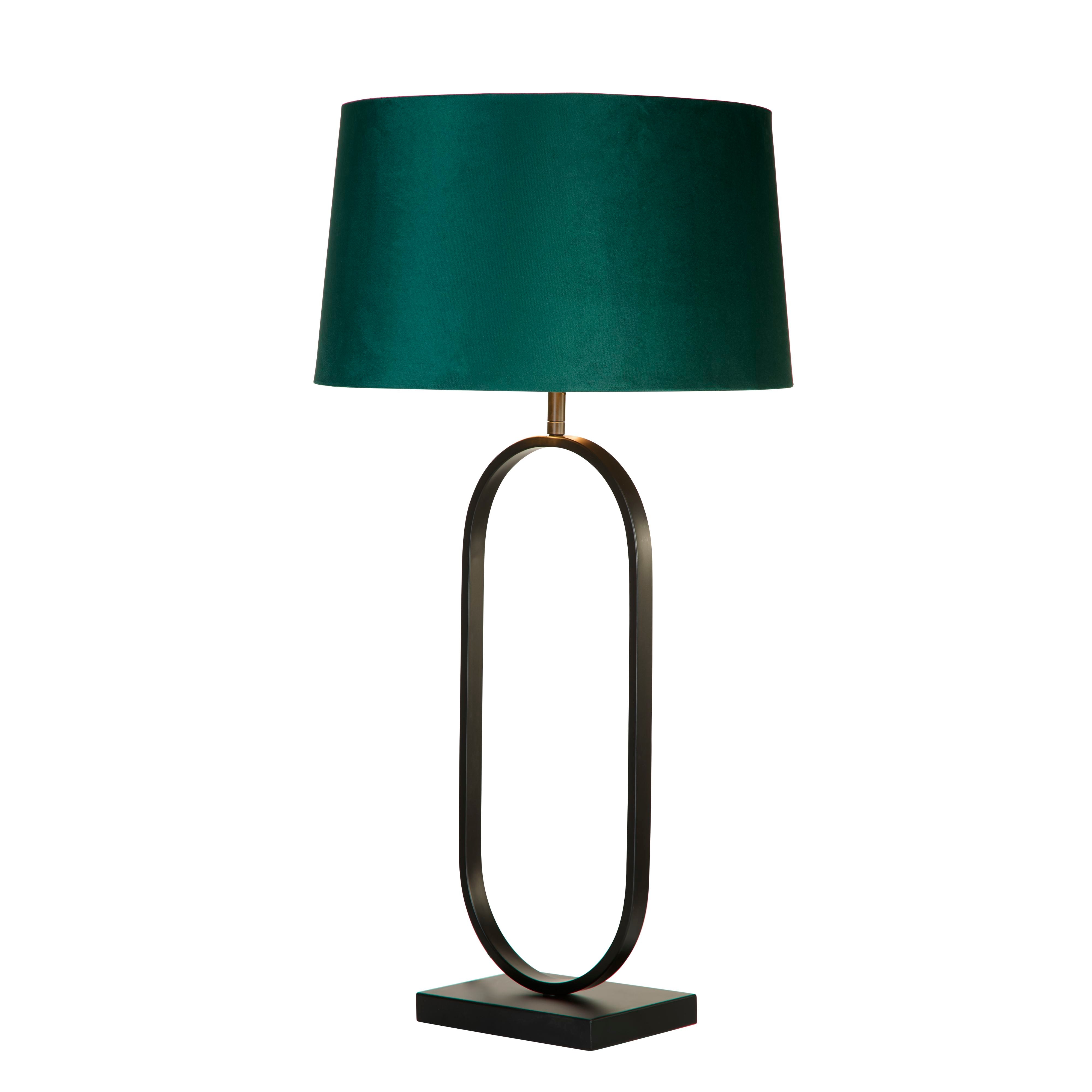 Searchlight Modish table lamp in matt black metal with an emerald velvet shade, studio shot on a white background