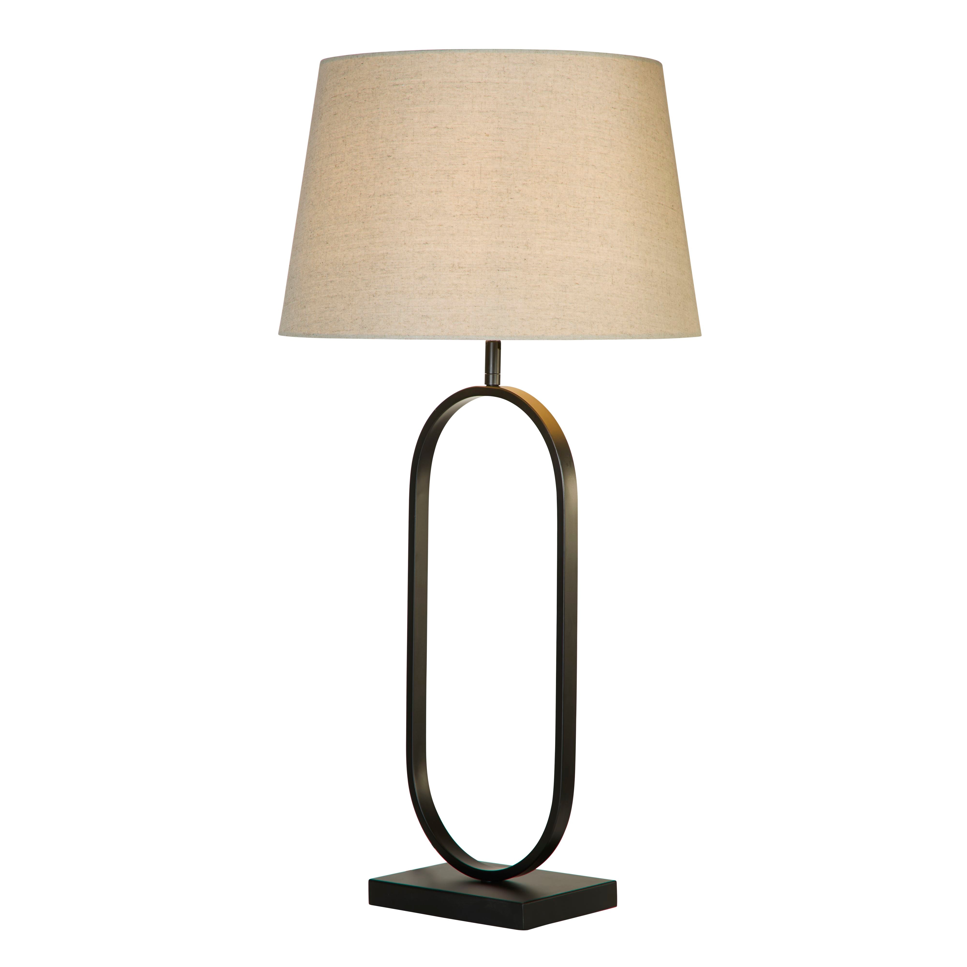 Searchlight Modish table lamp in matt black metal with a natural linen shade, studio shot on a white background