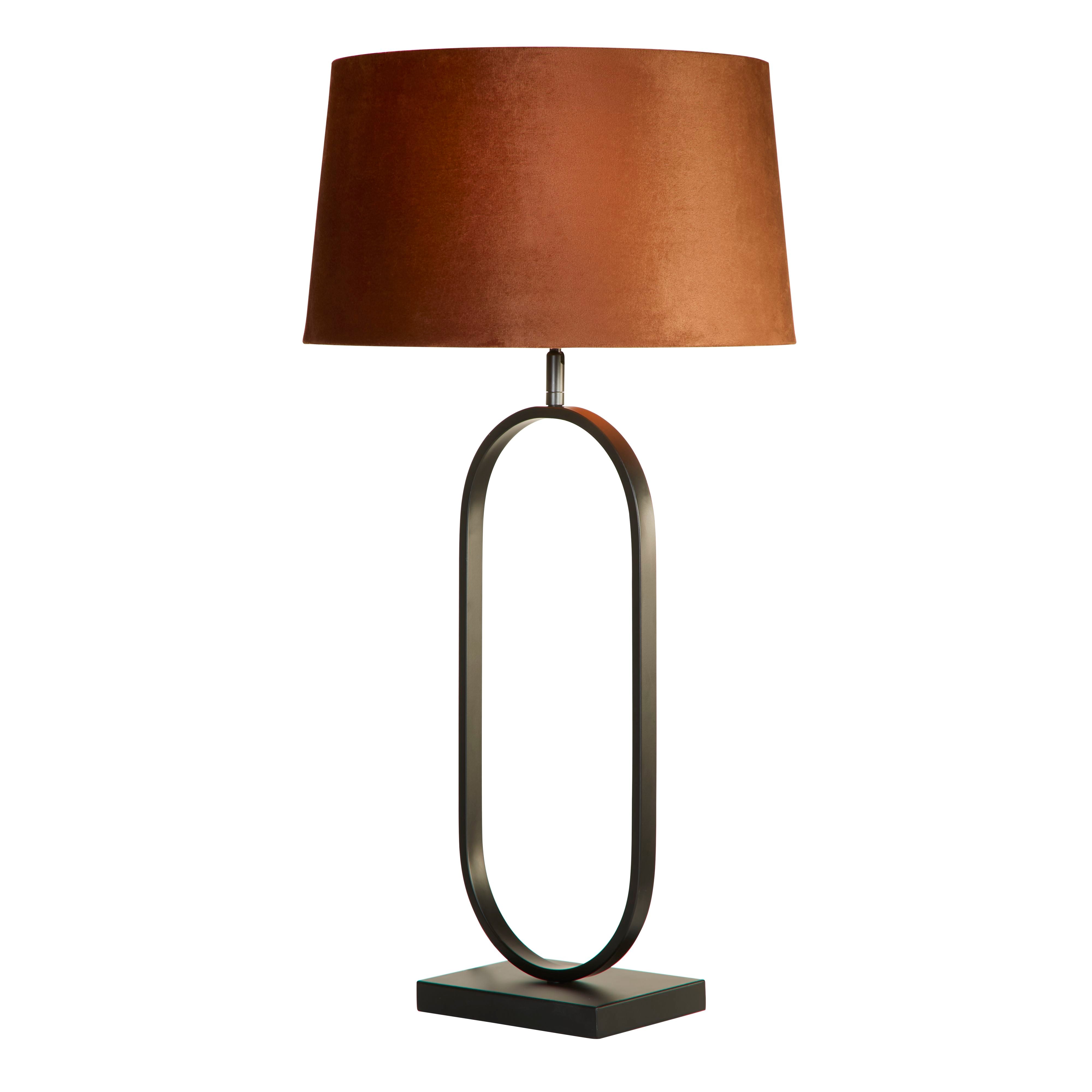 Searchlight Modish table lamp in matt black metal with a burnt orange velvet shade, studio shot on a white background