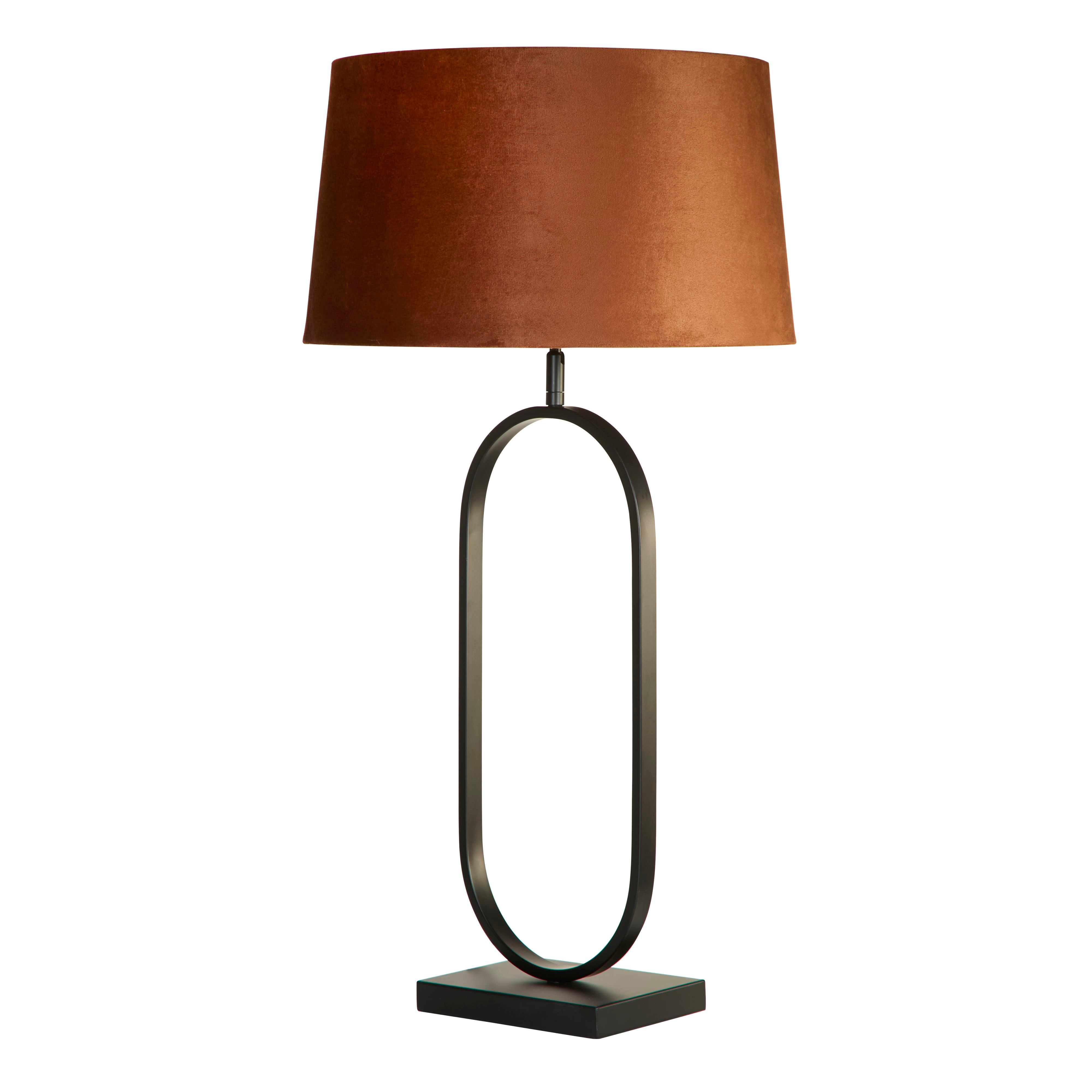Searchlight Modish table lamp in matt black metal with a burnt orange velvet shade, second studio view