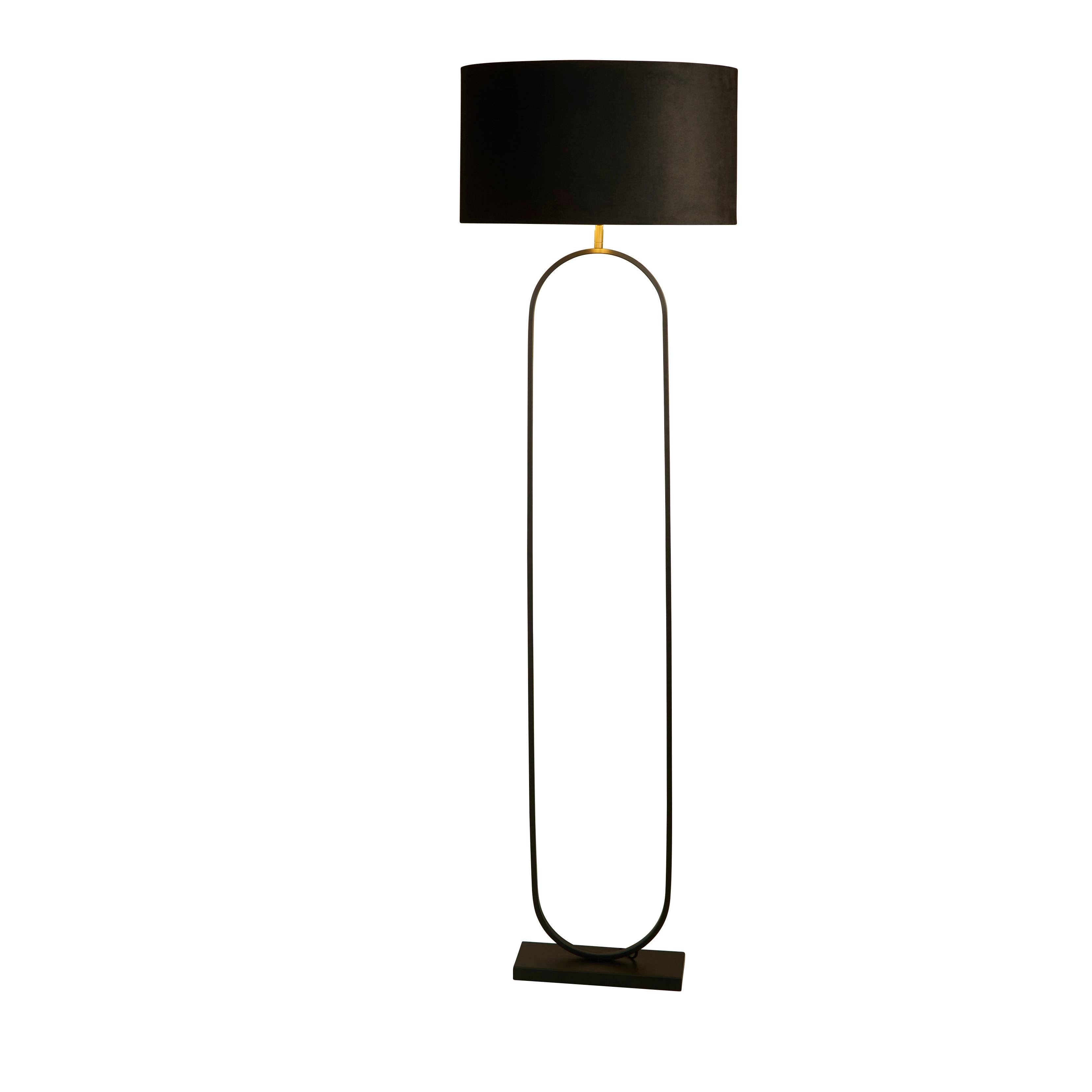 Searchlight Modish floor lamp in black with a black velvet shade, front view on a white background