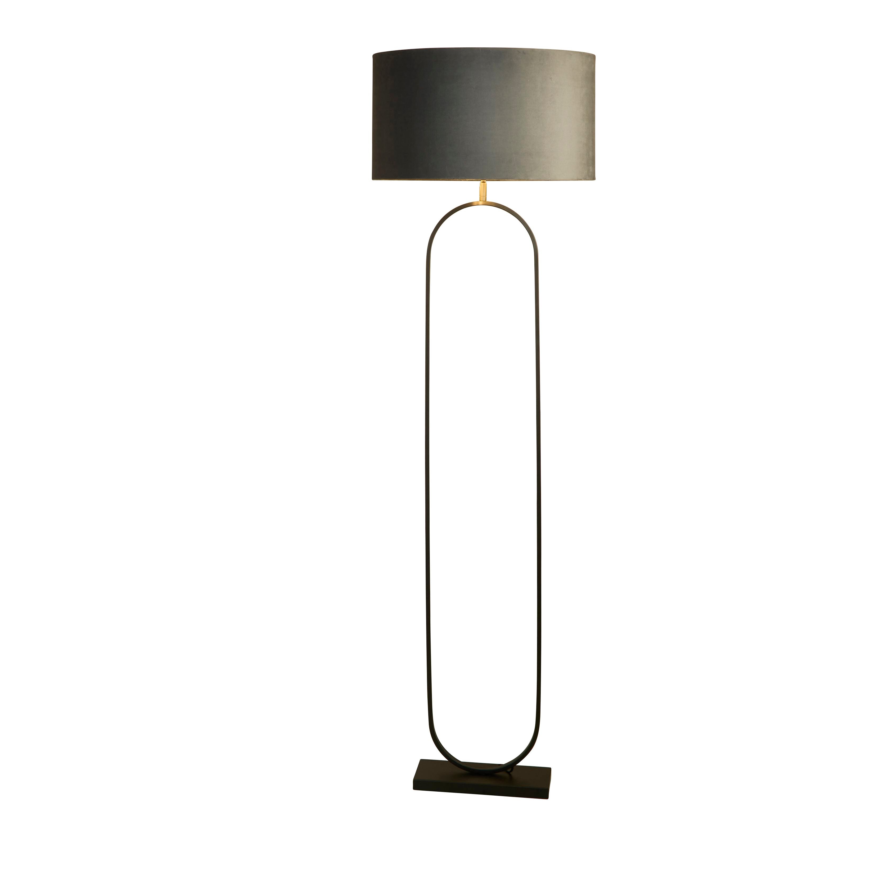 Searchlight Modish floor lamp in black with a dark grey velvet shade, front view on a white background