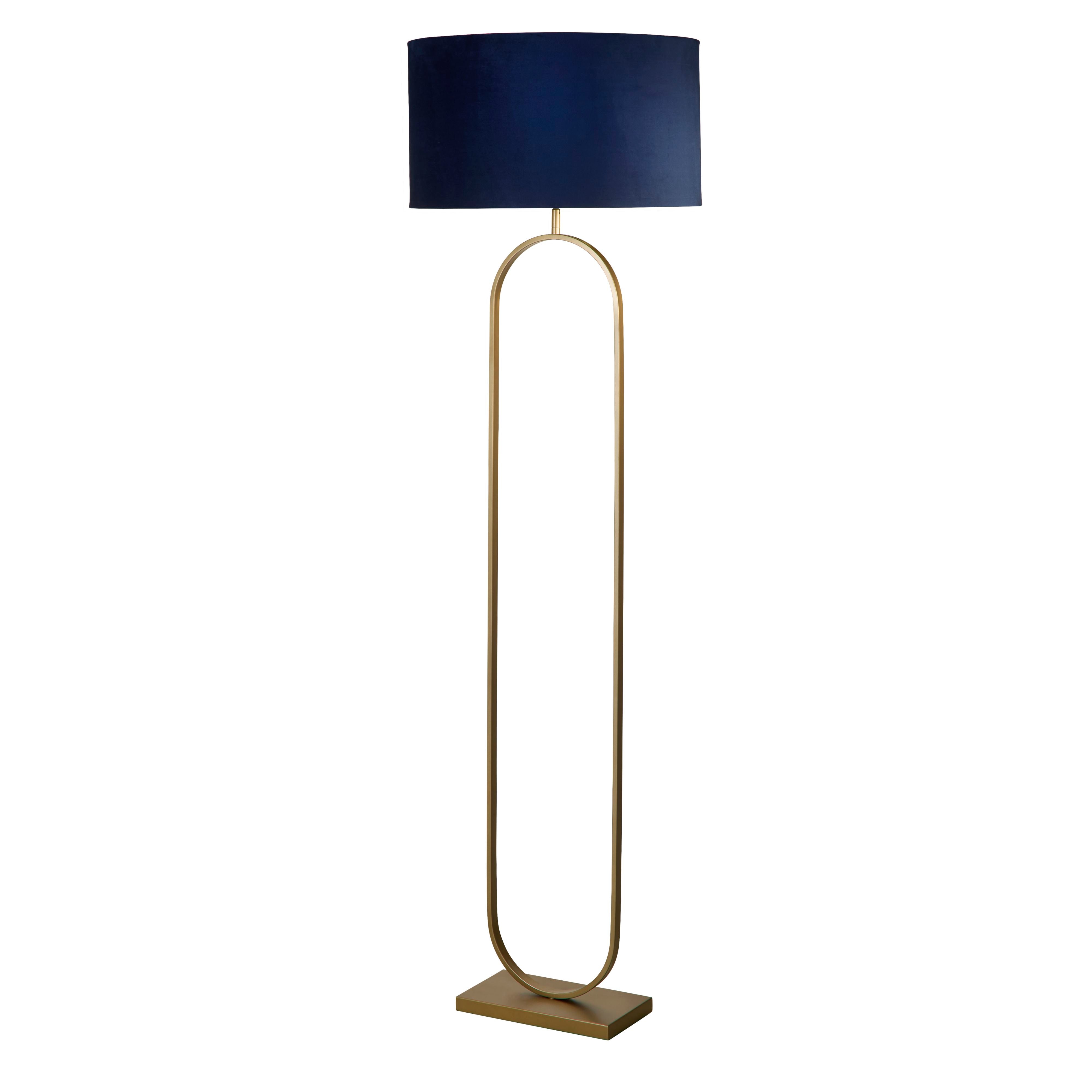 Searchlight Modish floor lamp in bronze metal with a navy velvet drum shade, studio shot on a white background, slightly angled front view