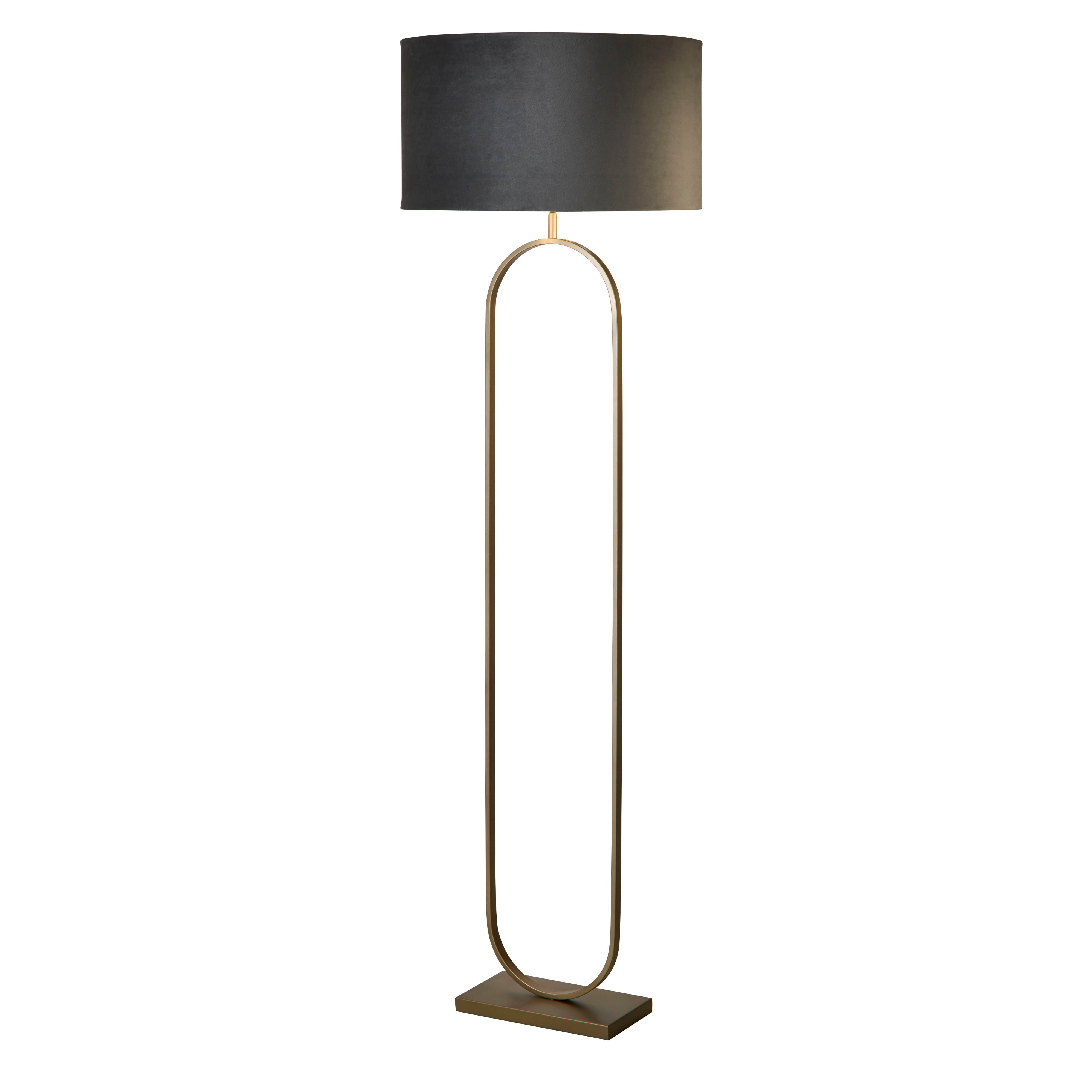 Searchlight Modish floor lamp in bronze metal with a dark charcoal grey velvet drum shade, studio shot on a white background, straight front view