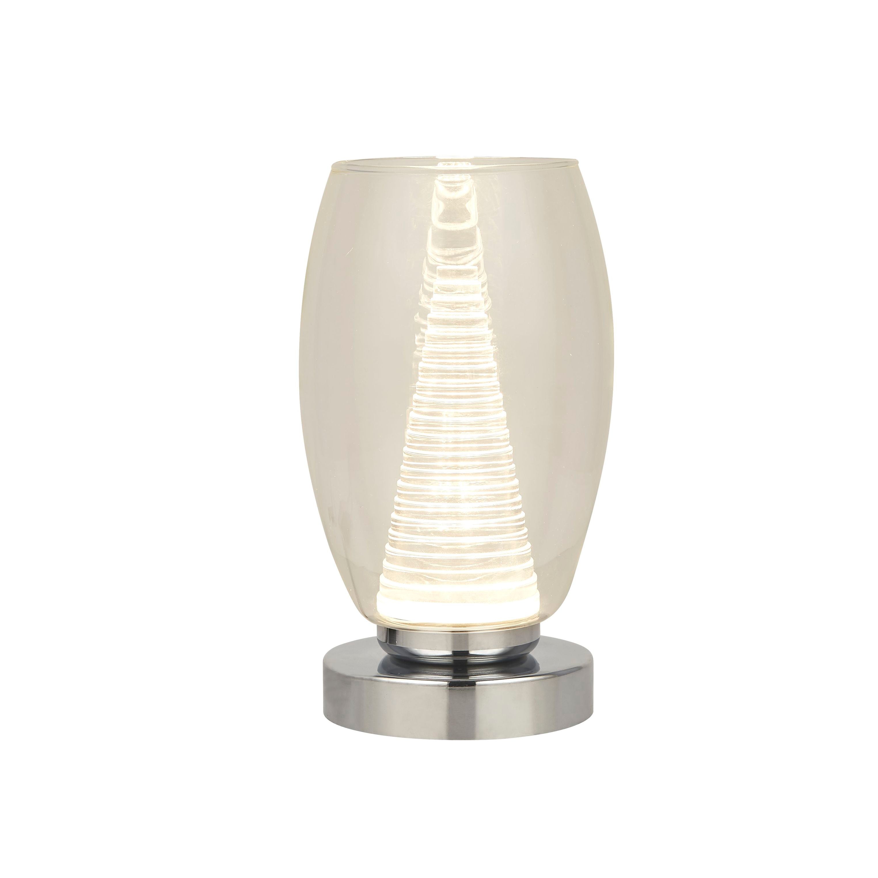 Searchlight Cyclone table lamp in chrome and clear glass, studio shot showing the illuminated ribbed acrylic cone inside the shade