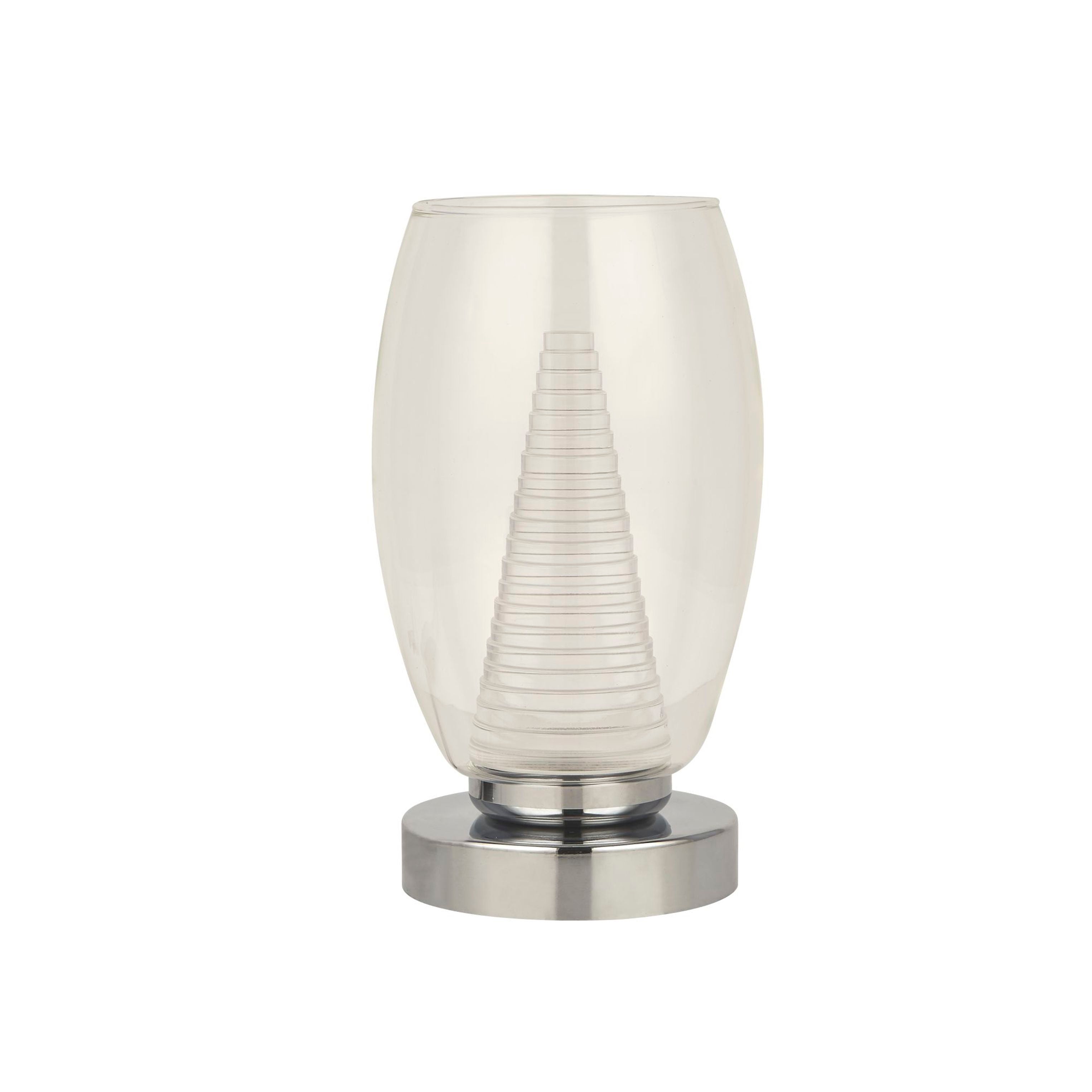 Searchlight Cyclone table lamp in chrome and clear glass, angled studio view showing the glass shade's curve and reflections